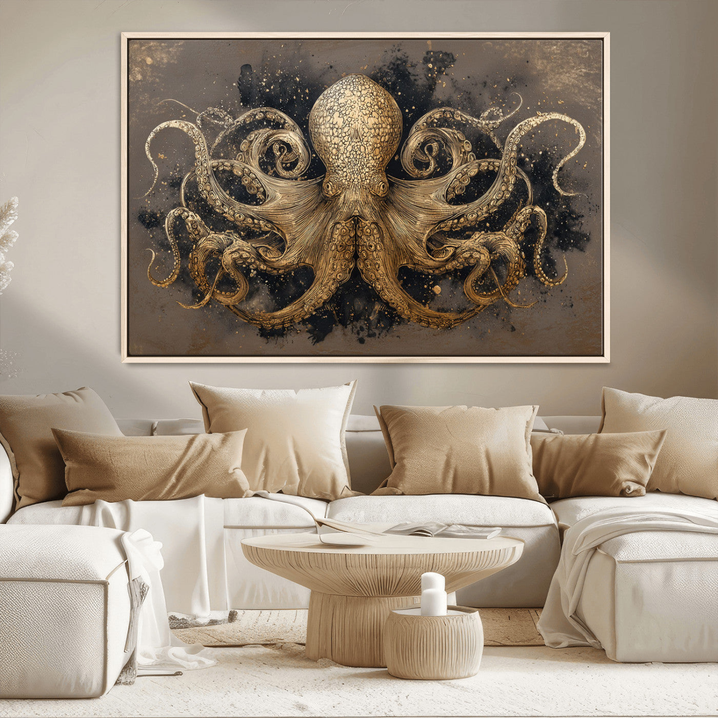 A beautifully detailed illustration of an octopus in gold ink on a textured dark background, with swirling tentacles and intricate patterns.