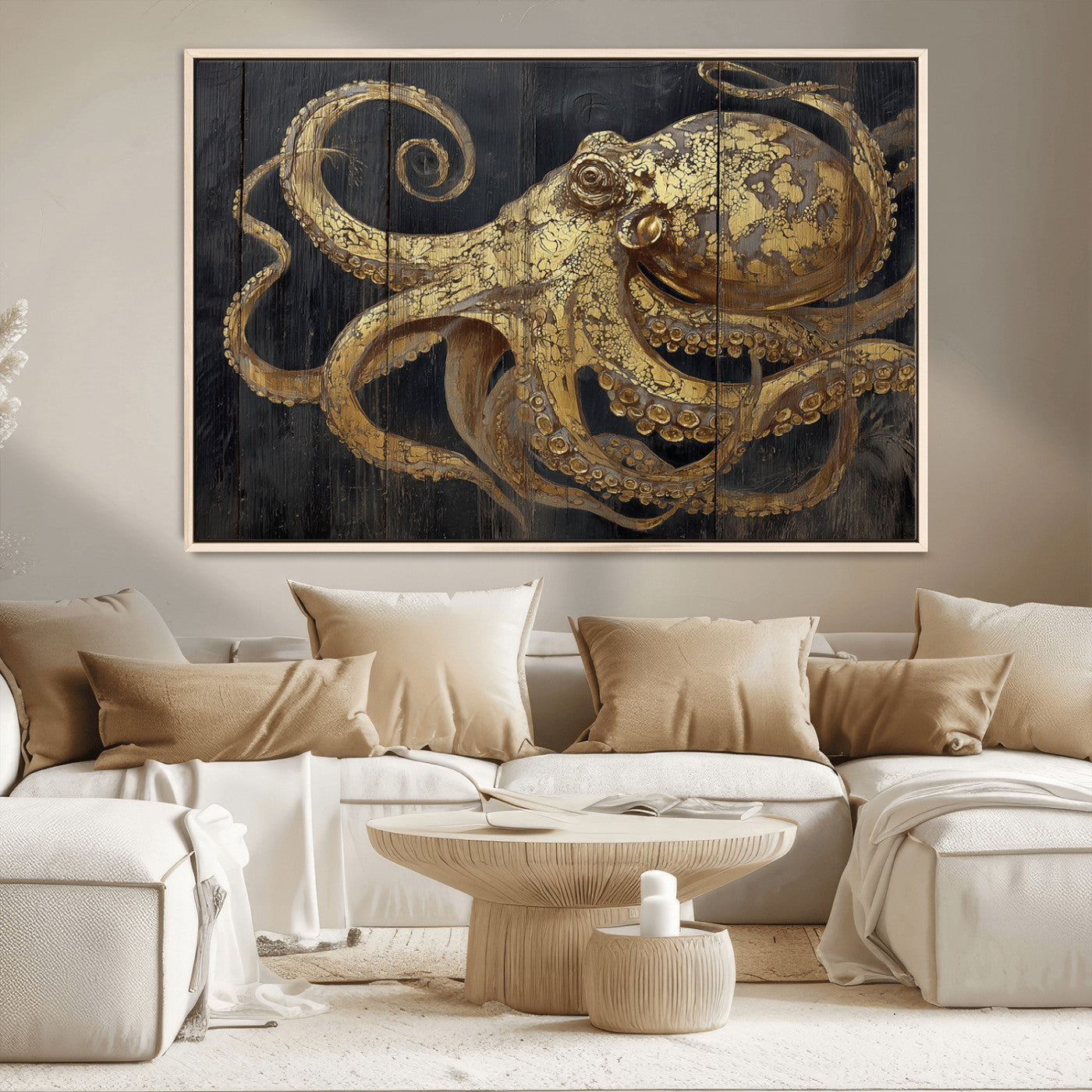 A detailed gold illustration of an octopus on black wooden planks, showing its intricate tentacles and textured skin in an artistic style.
