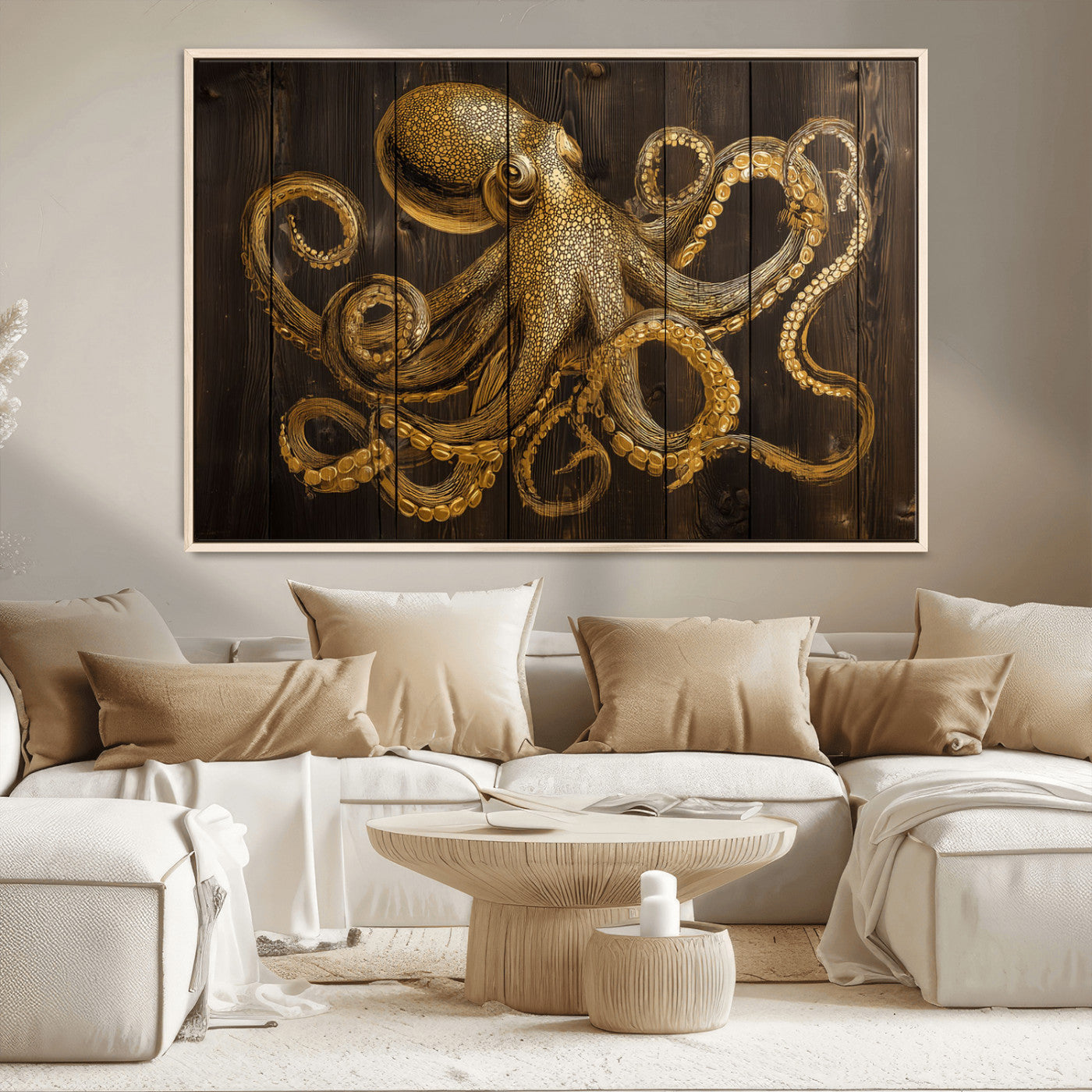 An artistic rendering of an octopus in gold ink on wooden planks, showcasing intricate details of its tentacles and textured skin.