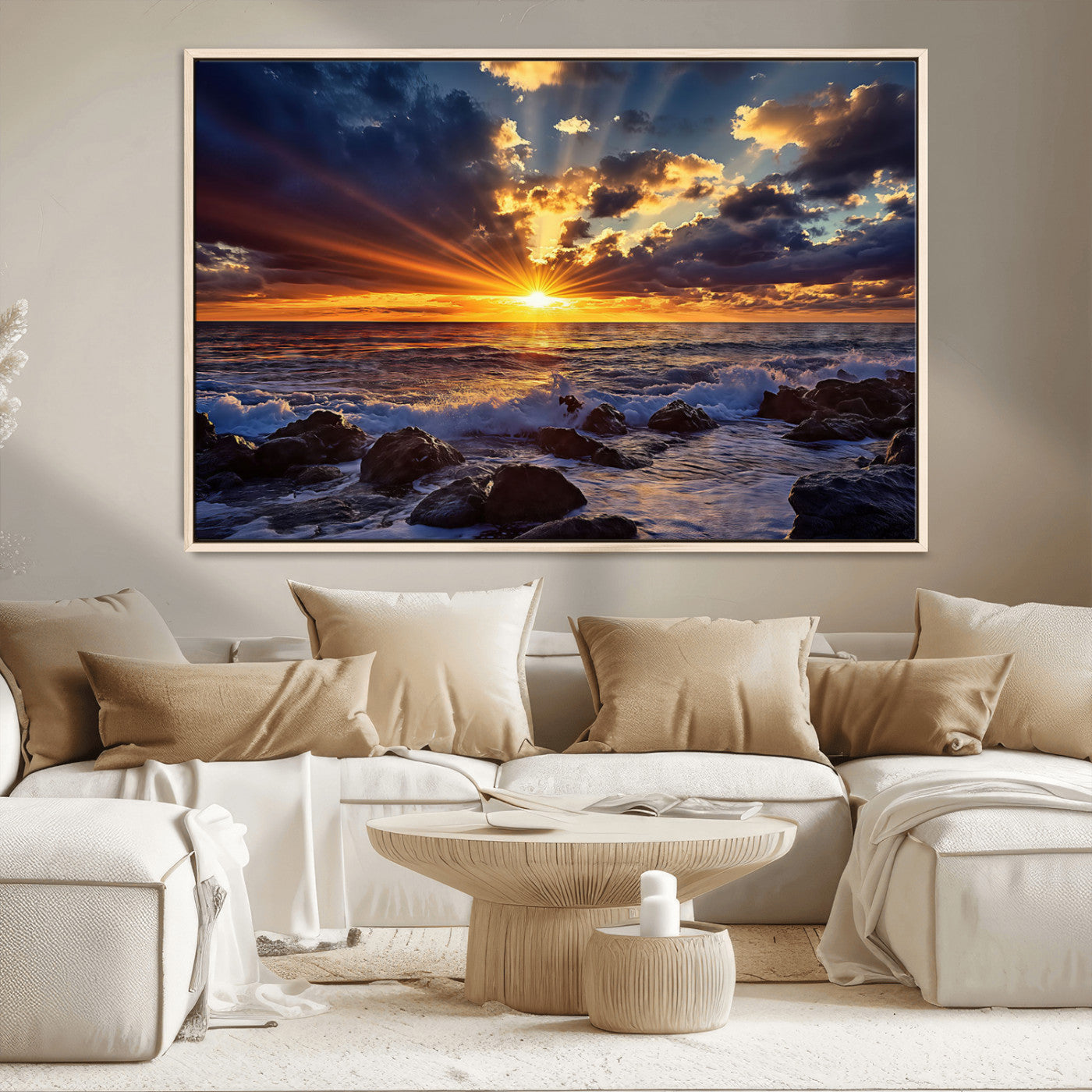 An explosive sunset over the ocean with dramatic clouds and rays of sunlight reflecting off the water, creating a vibrant and captivating view.