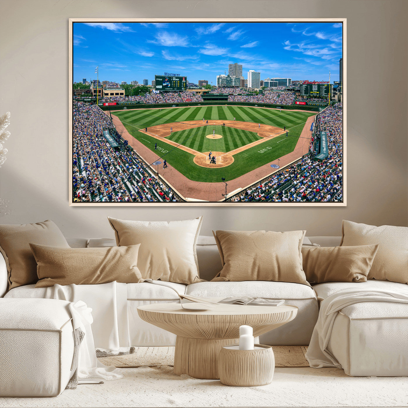 Wrigley Field Baseball Stadium Canvas Wall Art, Packed Crowd Sports Stadium Print, City Skyline Baseball Field Canvas for Game Room Decor