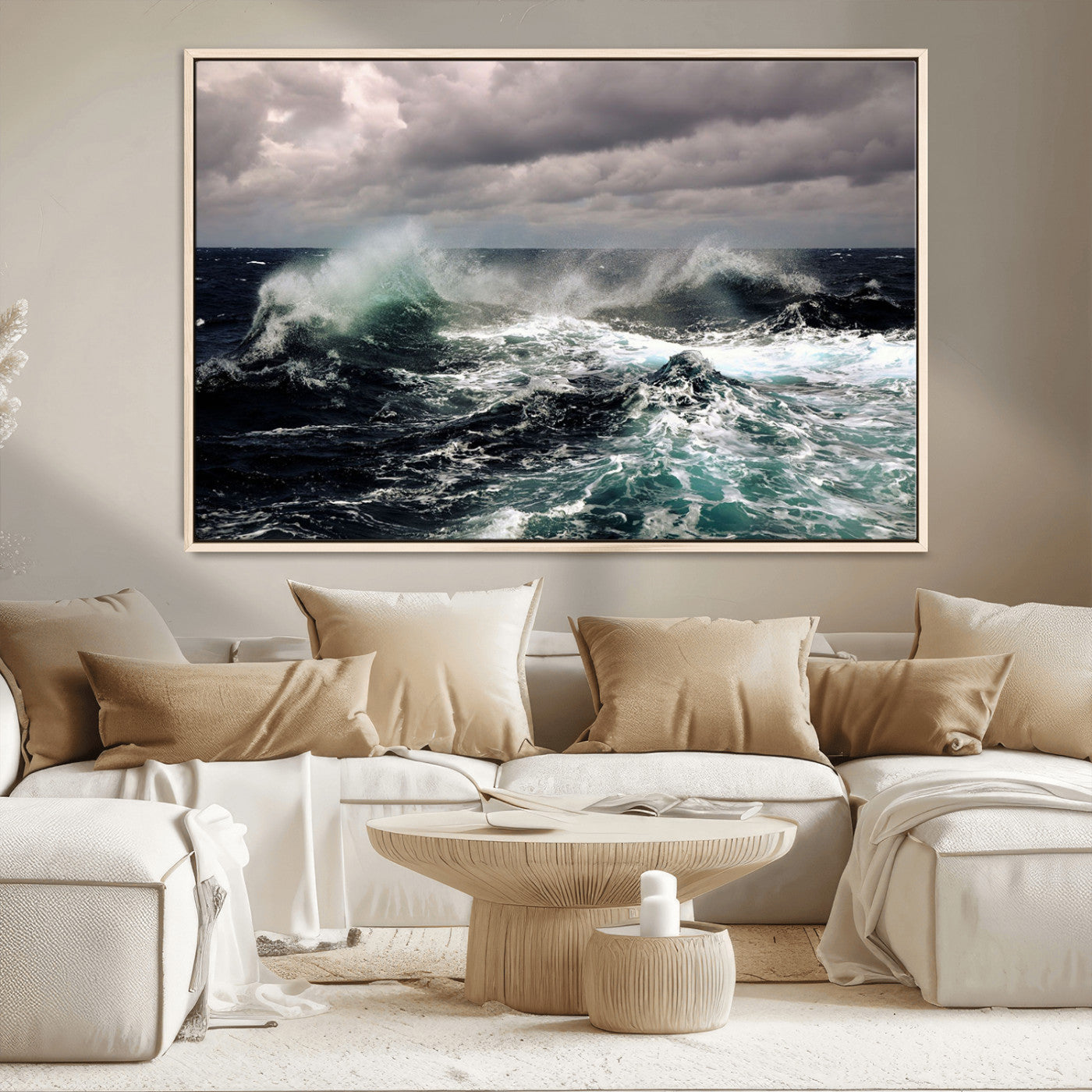 Powerful ocean waves crashing under stormy skies, creating a dynamic and intense seascape.
