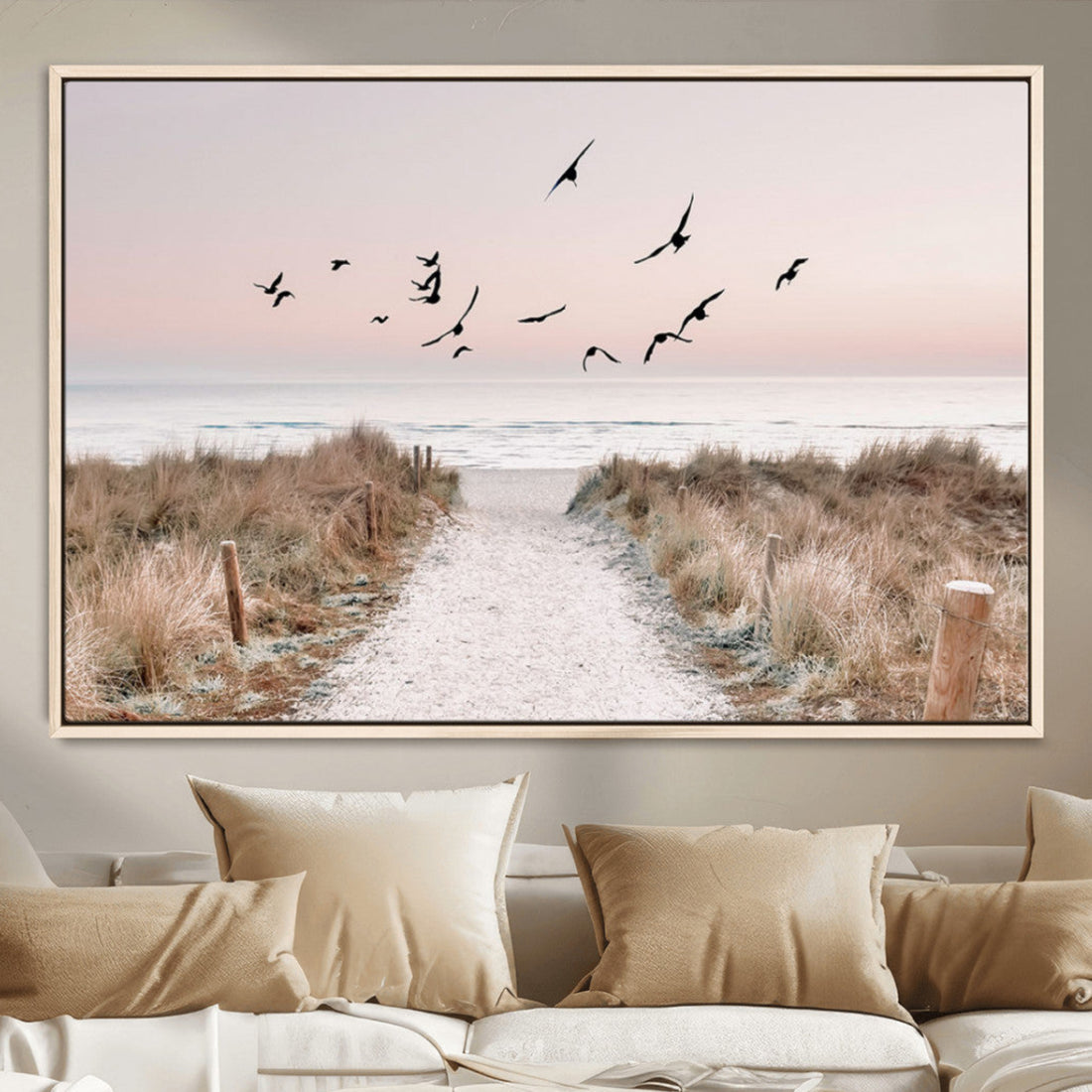 Coastal Pathway Canvas Wall Art Print, Framed Seaside Landscape with Beach and Birds