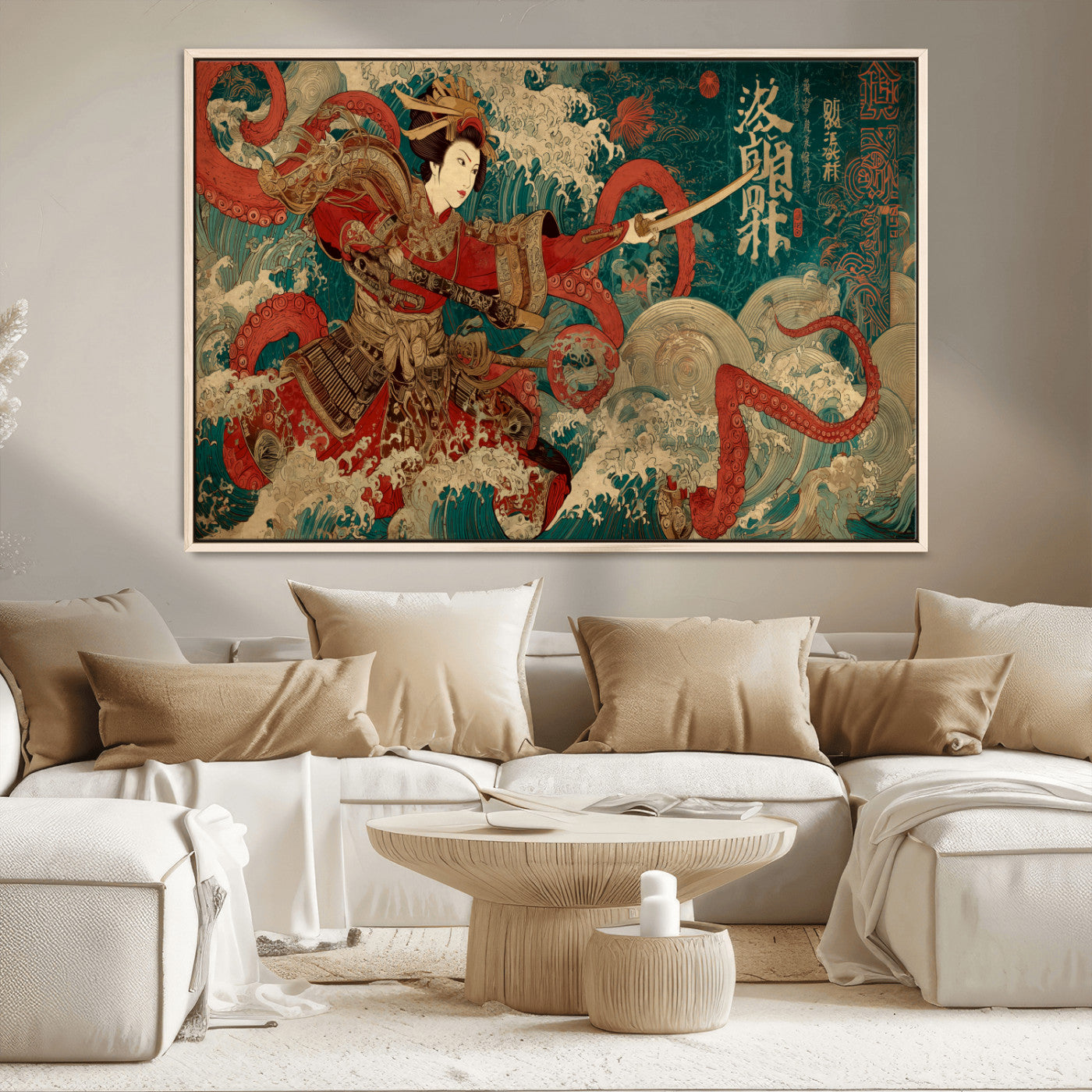 MGV-FC-36X24 - Tsukioka Yoshitoshi Samurai Wall Art Print, Japanese Katana Warrior Canvas Wall Art, Octopus Sea Monster Canvas Print,