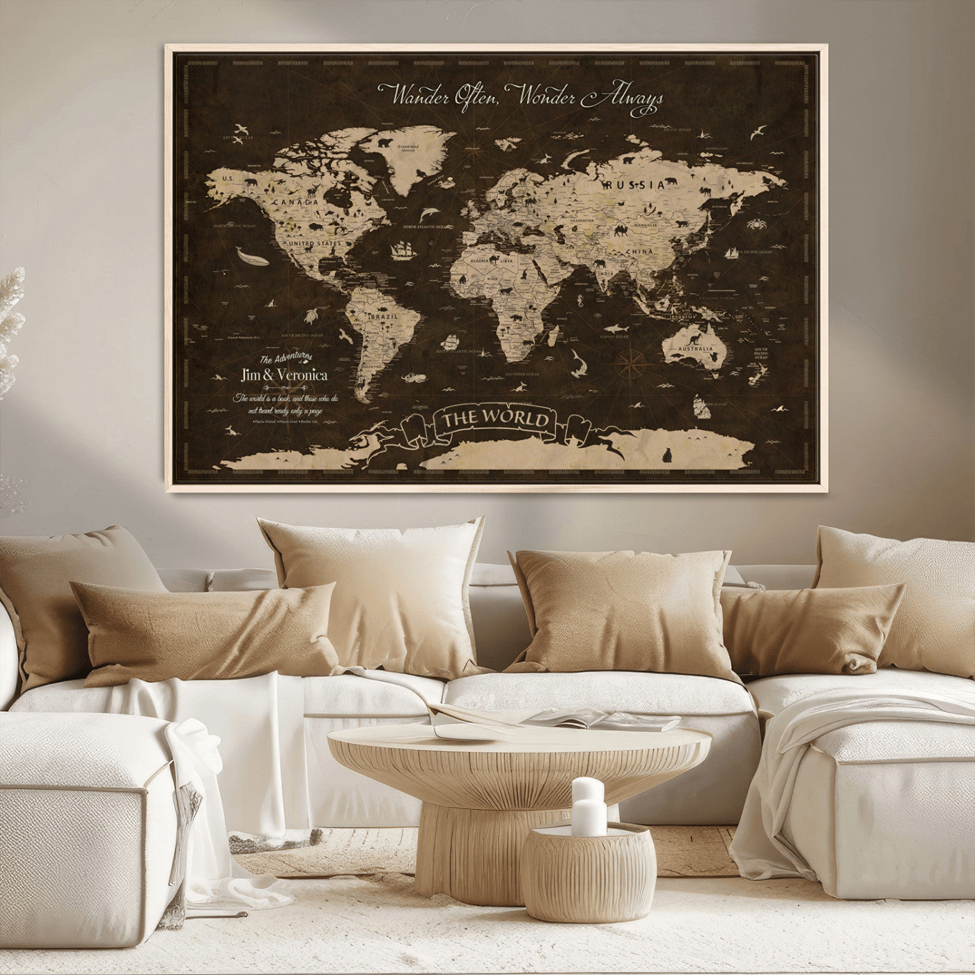 47004909-MGV-CV-36X24-Customize Push Pin World Map Wall Art Canvas Print – Personalized Map for Kids Room – Framed Custom Animal Map for Stady Room Decor
