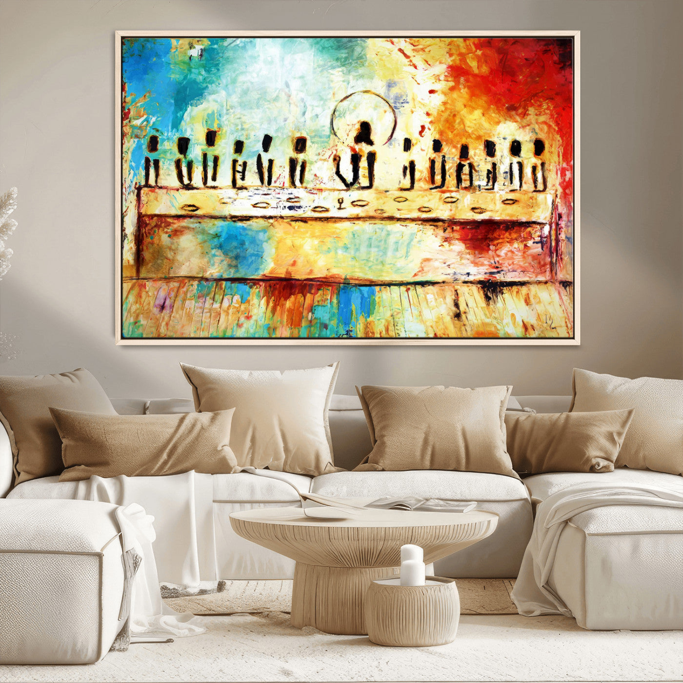 68892000-MGV-CV-36X24-Abstract Last Supper Art Print, Vibrant Contemporary Jesus & Disciples Painting, Modern Expressionist Wall Decor for Home or Office Display