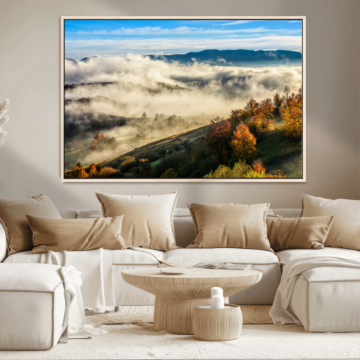 21551192-MGV-CV-36X24-Misty Autumn Hills Canvas Wall Art, Foggy Forest Landscape, Fall Foliage Beauty, Serene Mountain View, Cozy Home Decor, Office Tranquility, Nature Calm Print