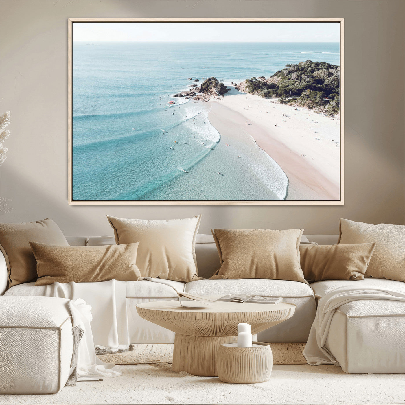 79395467-MGV-CV-36X24-Aerial Beach Canvas Wall Art Print, Coastal Ocean Waves and Surfers, Large Scenic Seaside Canvas for Home or Office 1 Panel Wrapped Canvas