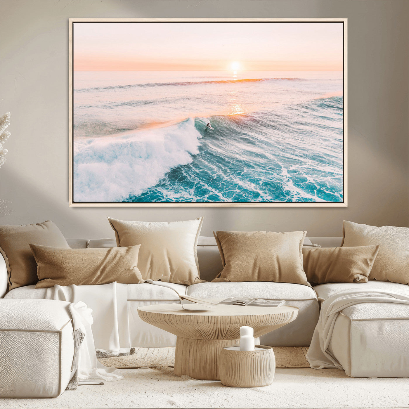 34064591-MGV-CV-36X24-Sunset Surfing Canvas Wall Art Print, Ocean Wave Surfer Decor, Large Coastal Surf Canvas for Beach House or Living Room 1 Panel Wrapped Canvas