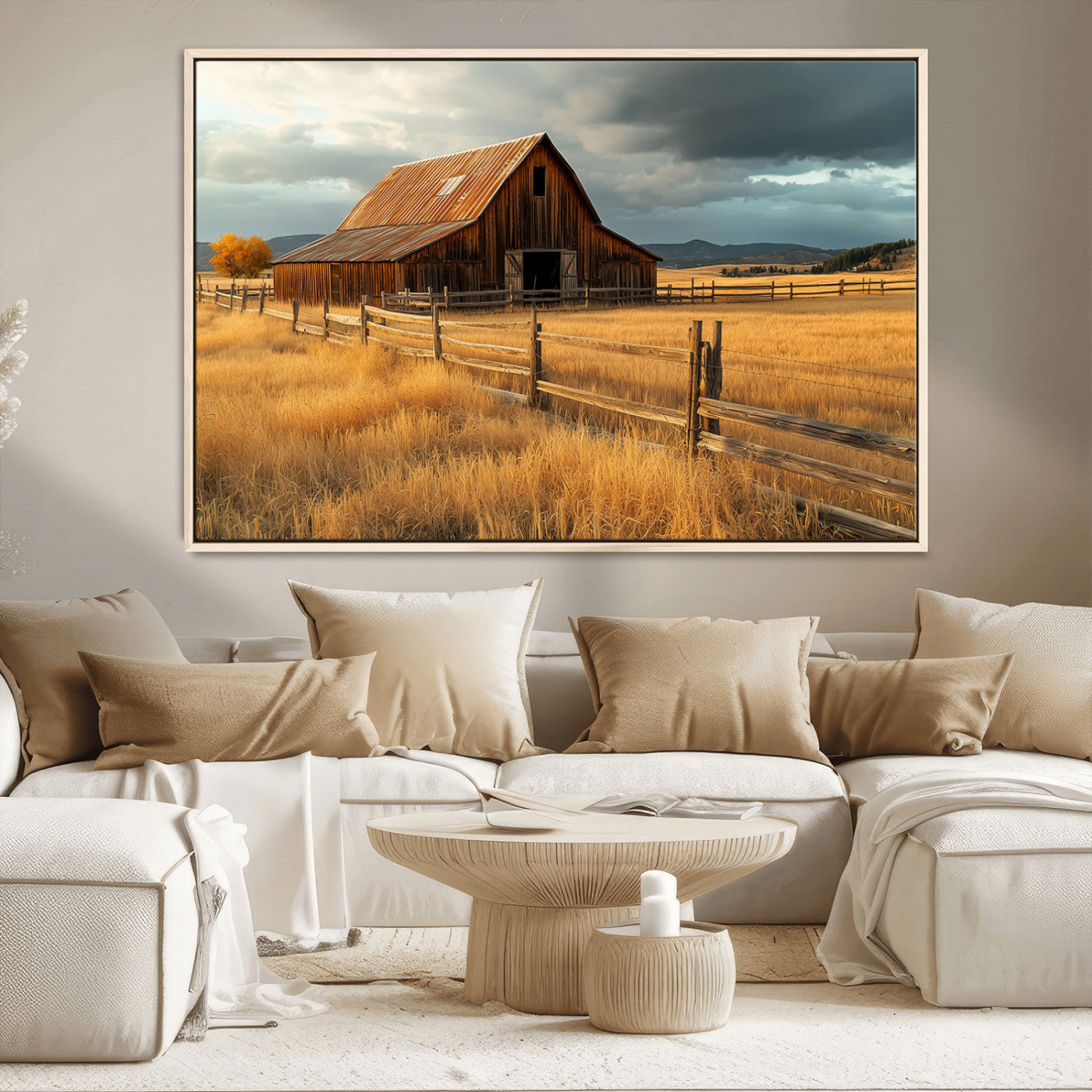 "Golden fields surrounding a rustic barn with a weathered roof, a wooden fence, and dramatic skies with sunlight breaking through the clouds."