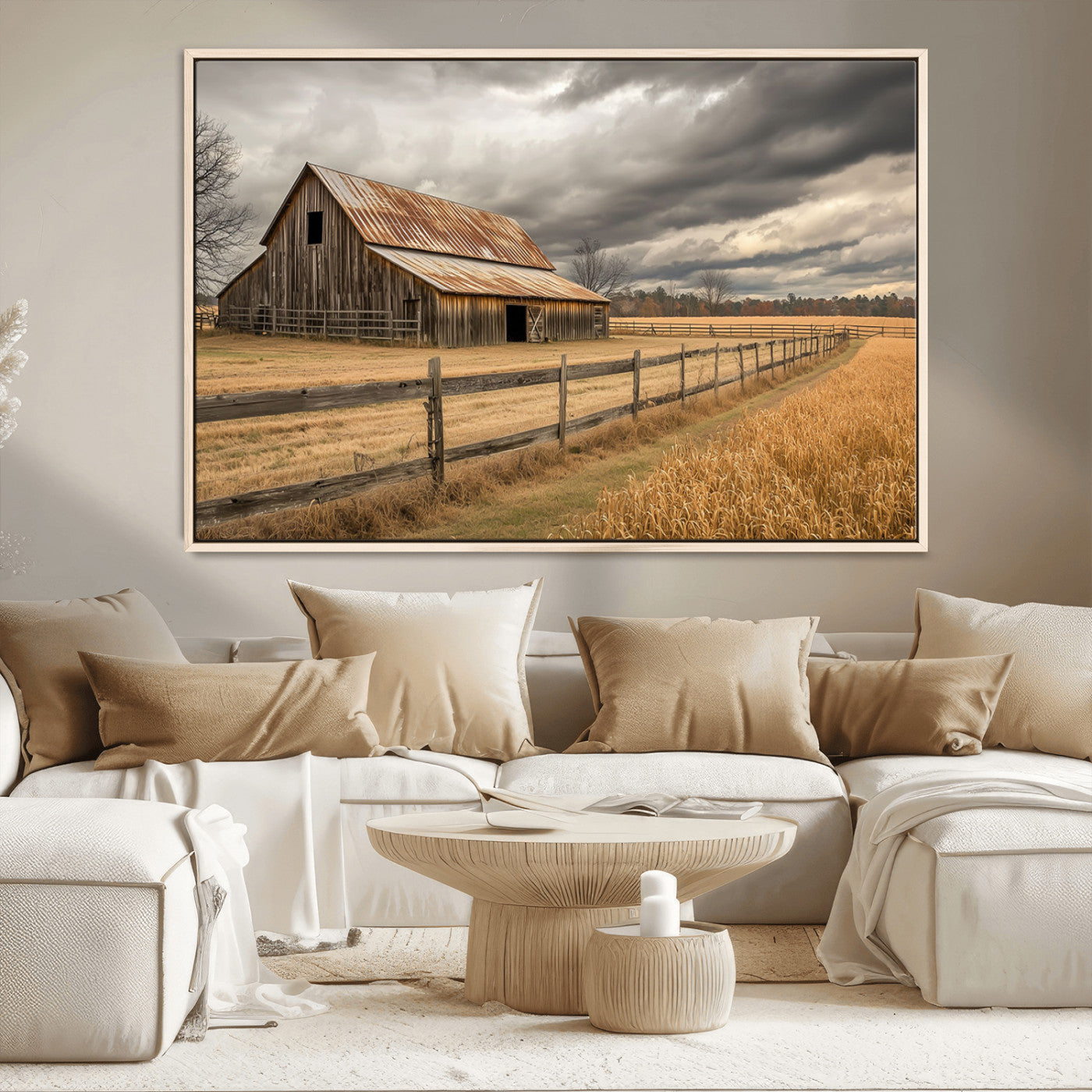 "Rustic barn with a weathered metal roof, surrounded by a wooden fence and golden fields under an overcast sky with dramatic clouds."