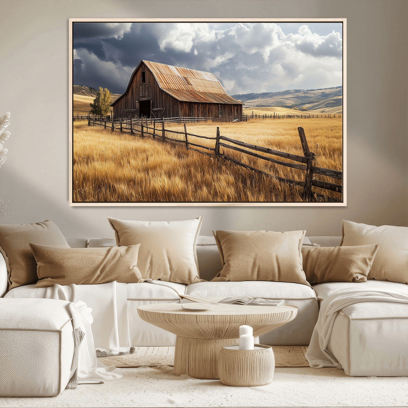 "Rustic barn surrounded by golden fields, a wooden fence, and dramatic storm clouds in the sky, capturing a serene countryside landscape."