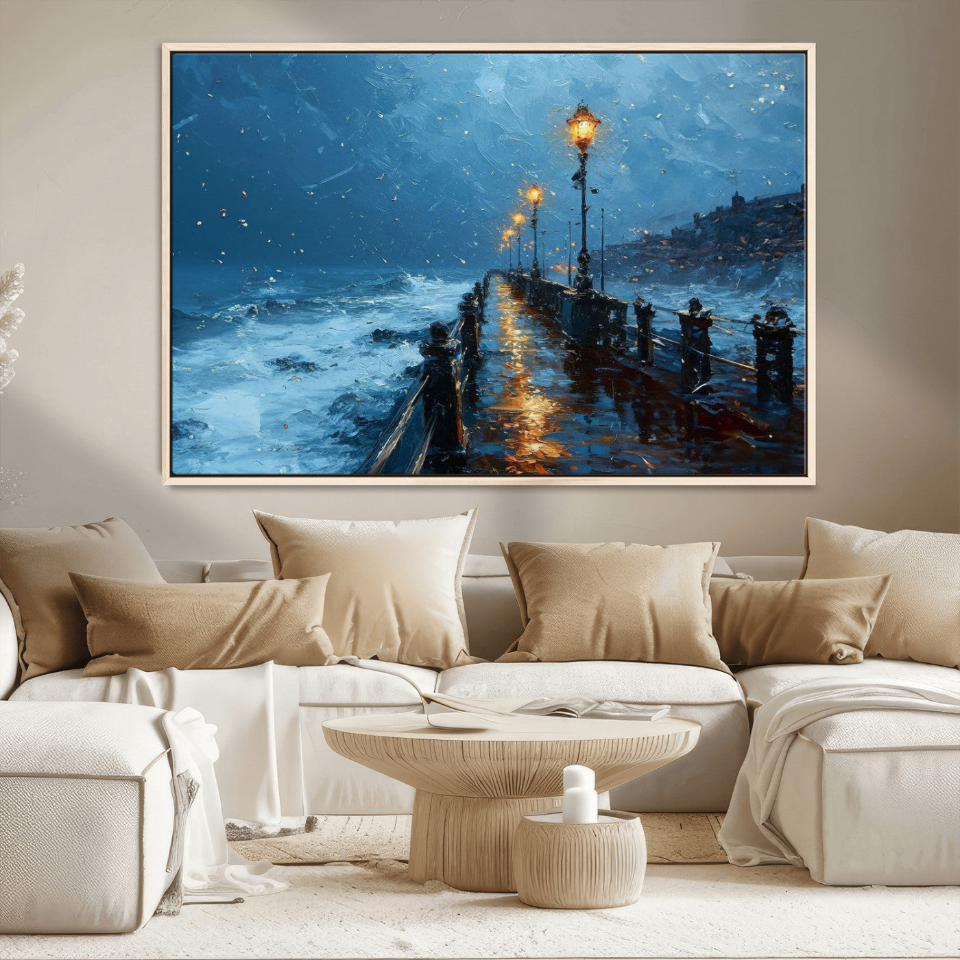 "Impressionistic painting of a stormy pier with street lamps glowing, waves crashing, and a misty ocean under a blue sky."