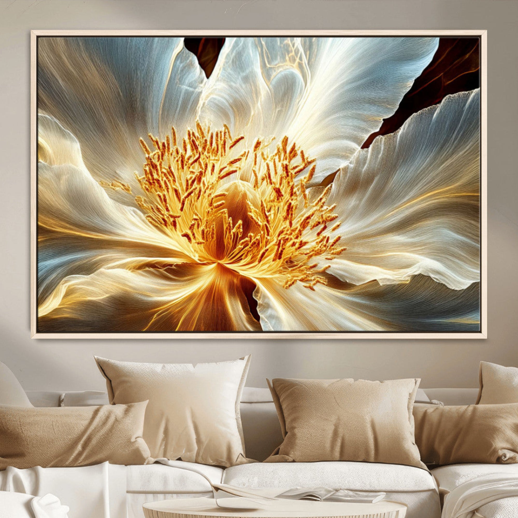 "Close-up of a glowing, abstract flower with delicate white petals and vibrant golden-yellow stamen against a dark background."