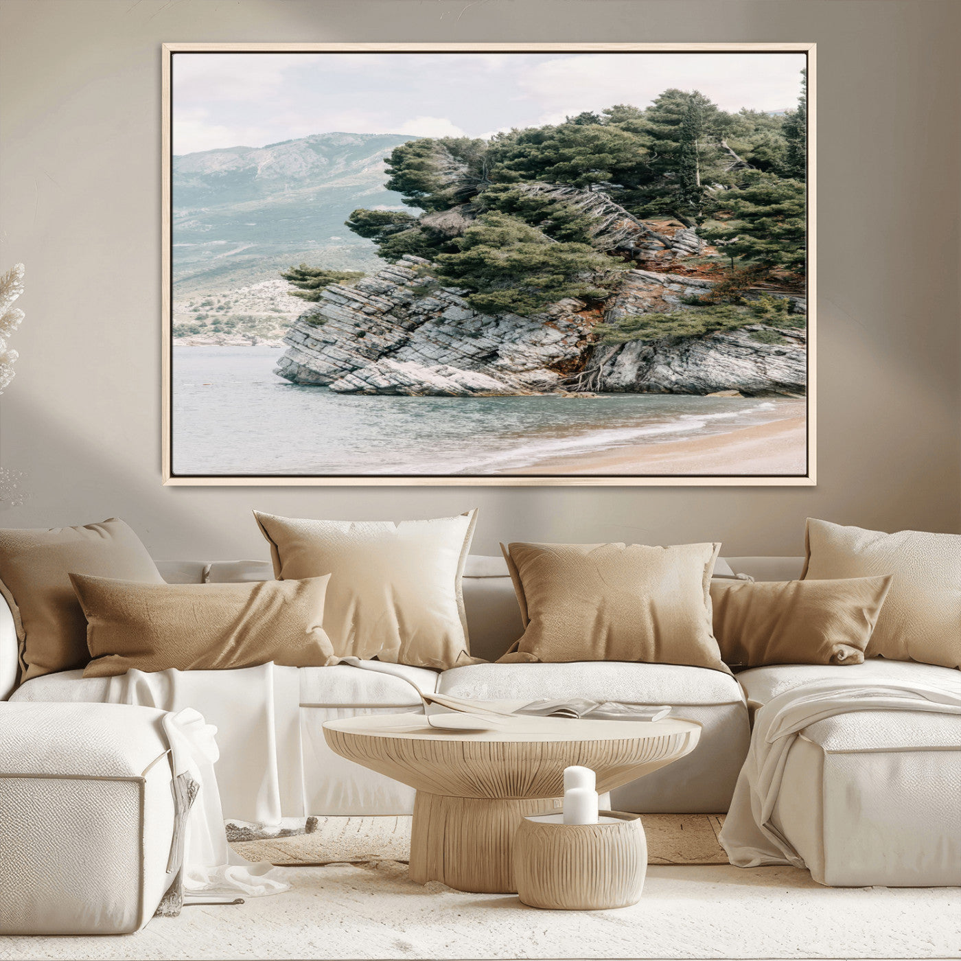 MGV-FC-36X24 - Coastal Rock Canvas Wall Art Print, Scenic Beach Landscape, Pine Trees on Rocky Cliff, Large Nature