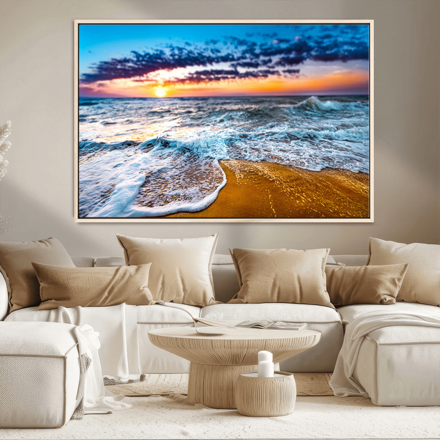Beautiful ocean shoreline at sunset with foamy waves washing onto golden sand under a colorful sky – Wall Art Canvas Print.