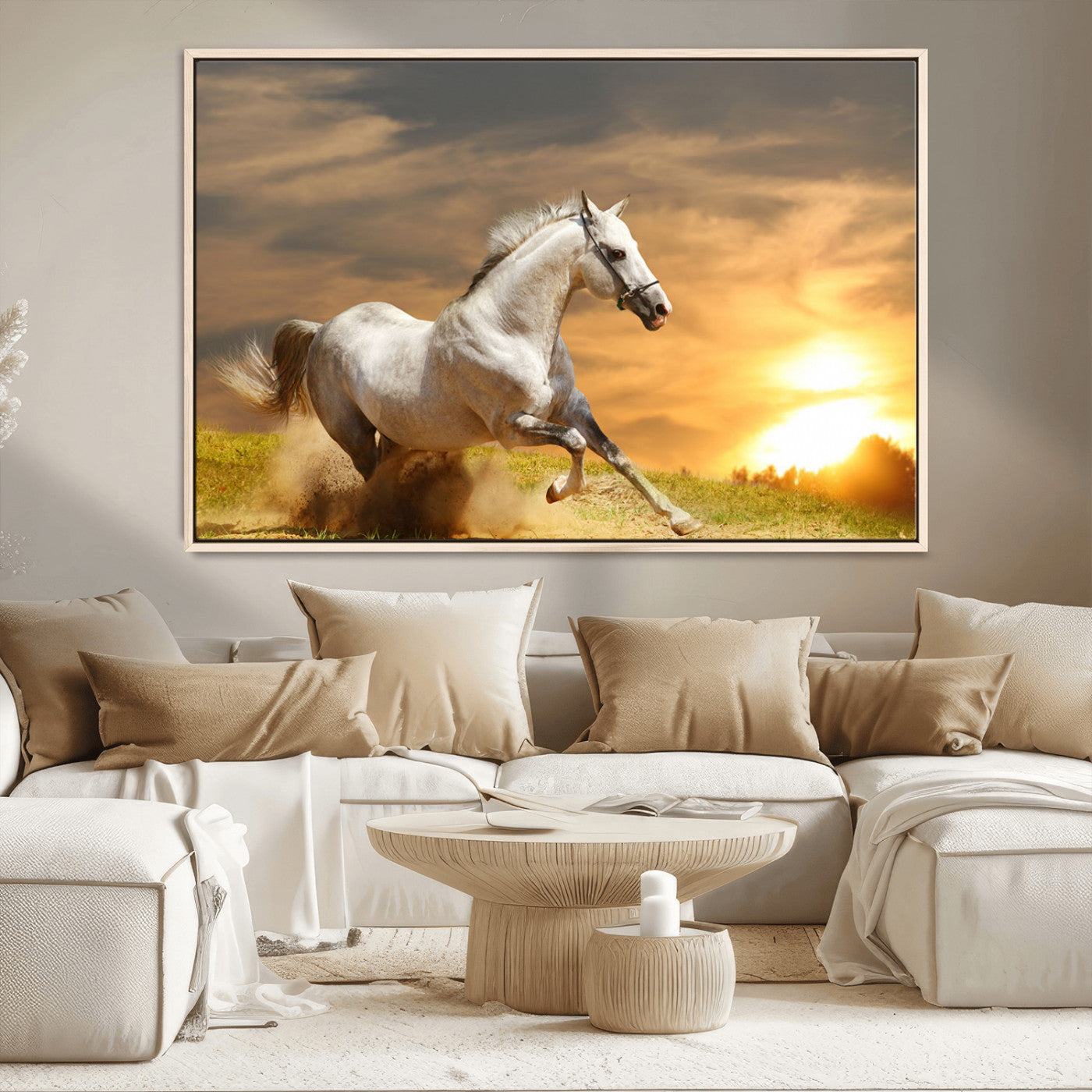 Powerful white horse galloping on a dusty field at sunset with a dramatic sky – Wall Art Canvas Print.
