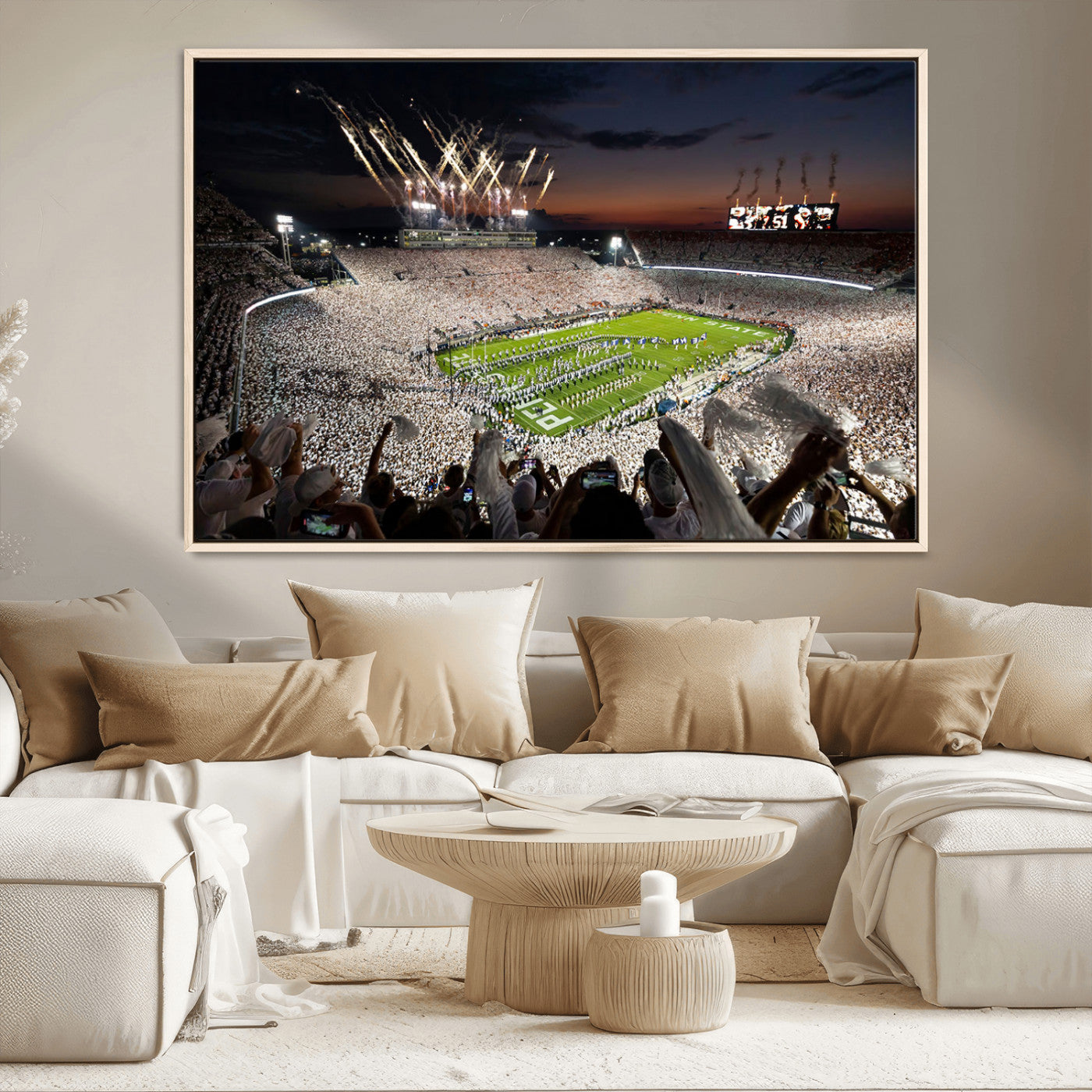 Panoramic view of a packed football stadium during a night game with a firework display and marching band performance – Wall Art Canvas Print.