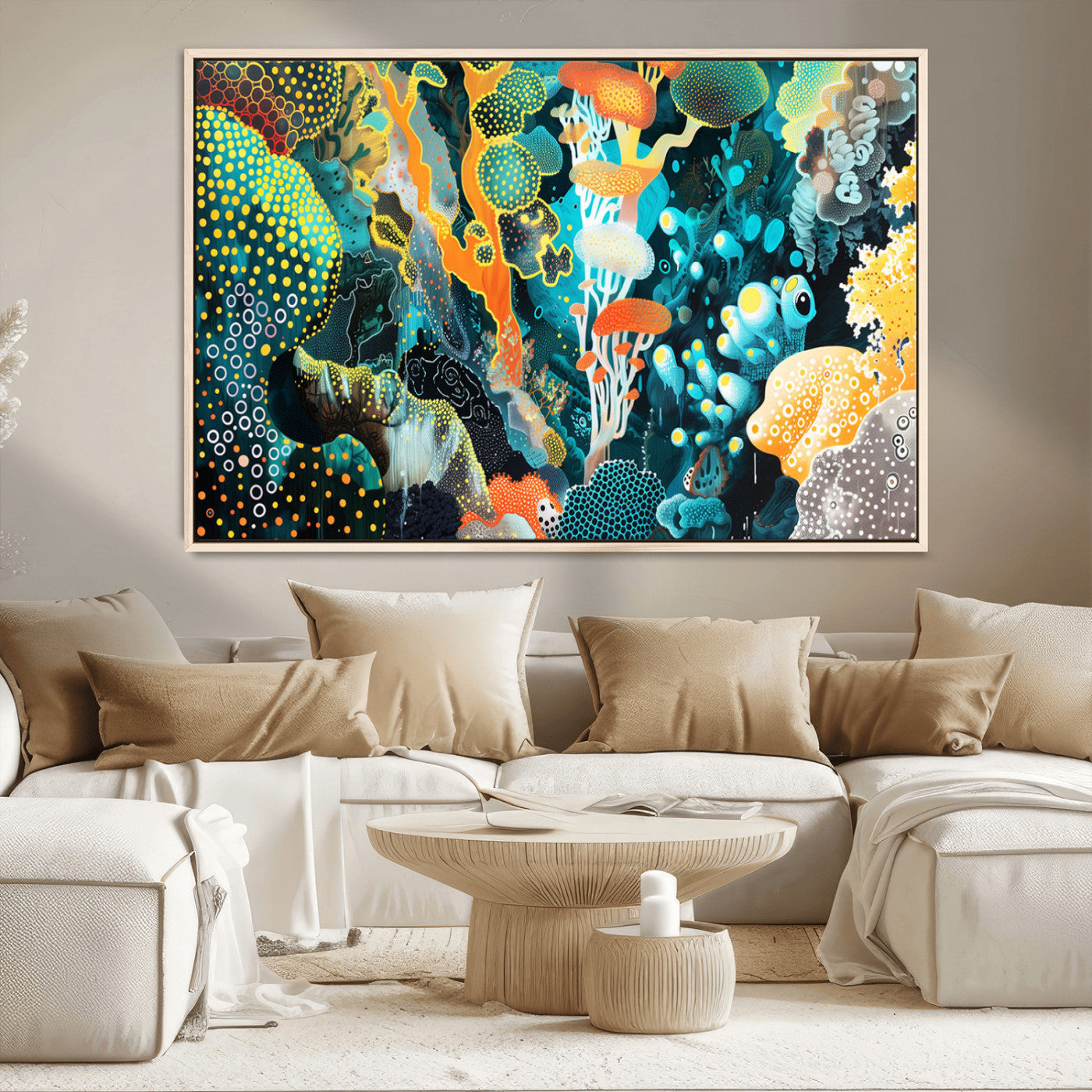 Colorful abstract coral reef scene featuring vibrant underwater plants, marine patterns, and fluid organic shapes – Wall Art Canvas Print.