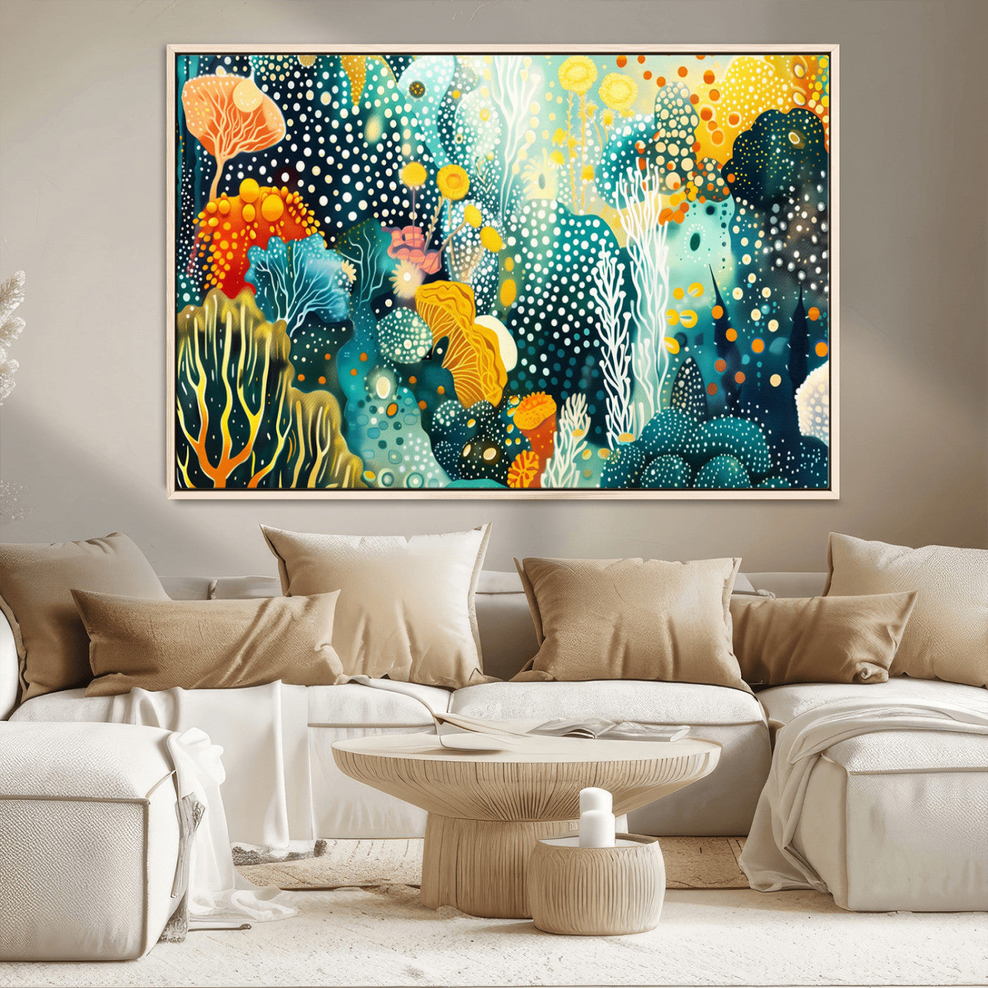 Abstract underwater coral reef illustration with vibrant colors, dotted textures, and stylized marine flora – Wall Art Canvas Print.