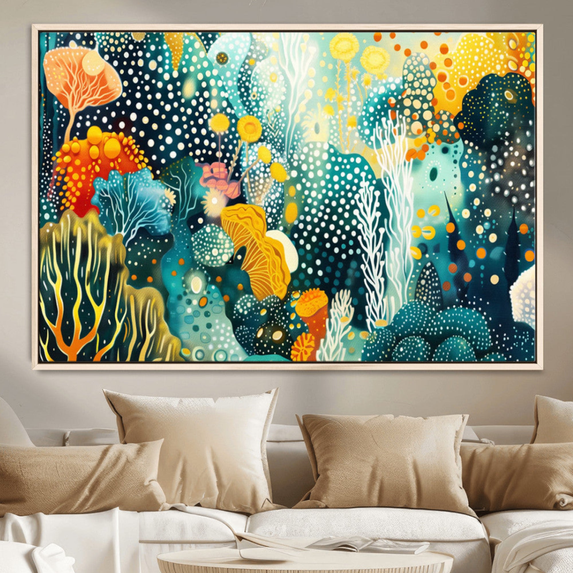 Abstract underwater coral reef illustration with vibrant colors, dotted textures, and stylized marine flora – Wall Art Canvas Print.