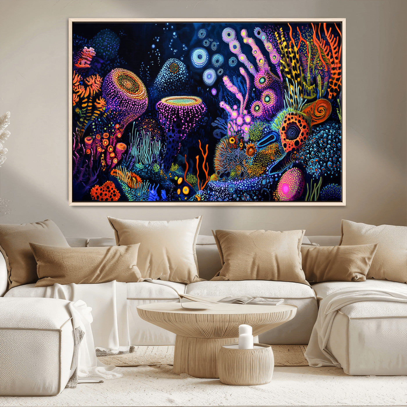 Vibrant and colorful abstract underwater coral reef artwork with diverse shapes and glowing patterns – Wall Art Canvas Print.