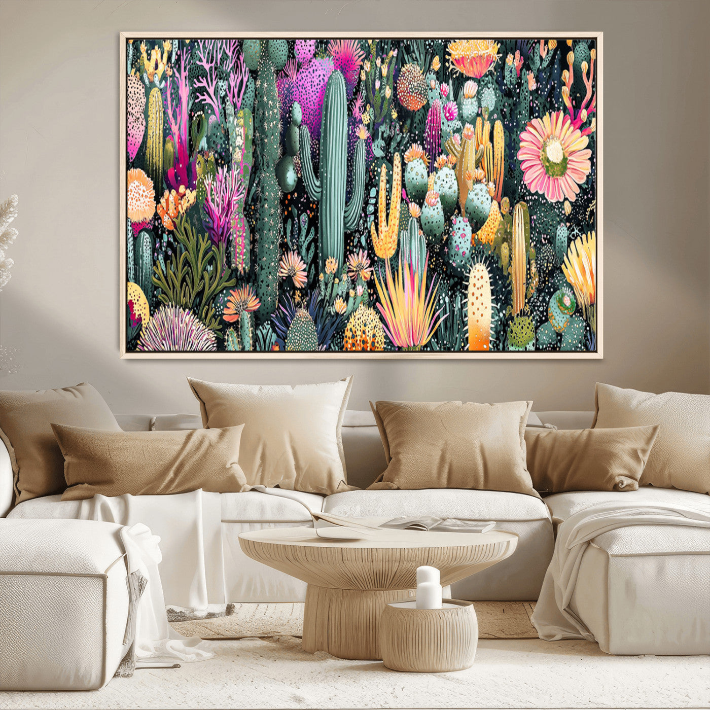Colorful and detailed painting of various cacti and desert flowers in vibrant hues on a dark background – Wall Art Canvas Print.