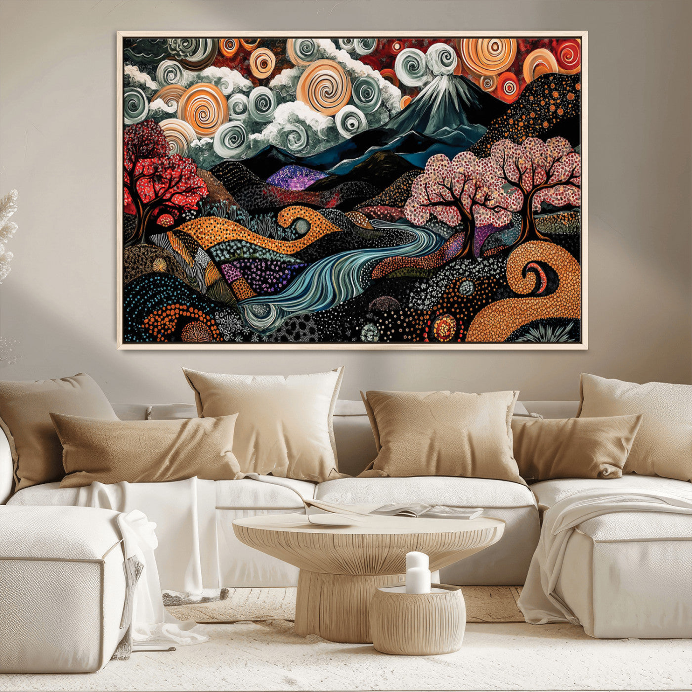 Vibrant abstract landscape painting featuring swirling clouds, colorful trees, flowing river, and textured hills under a mountain – Wall Art Canvas Print.