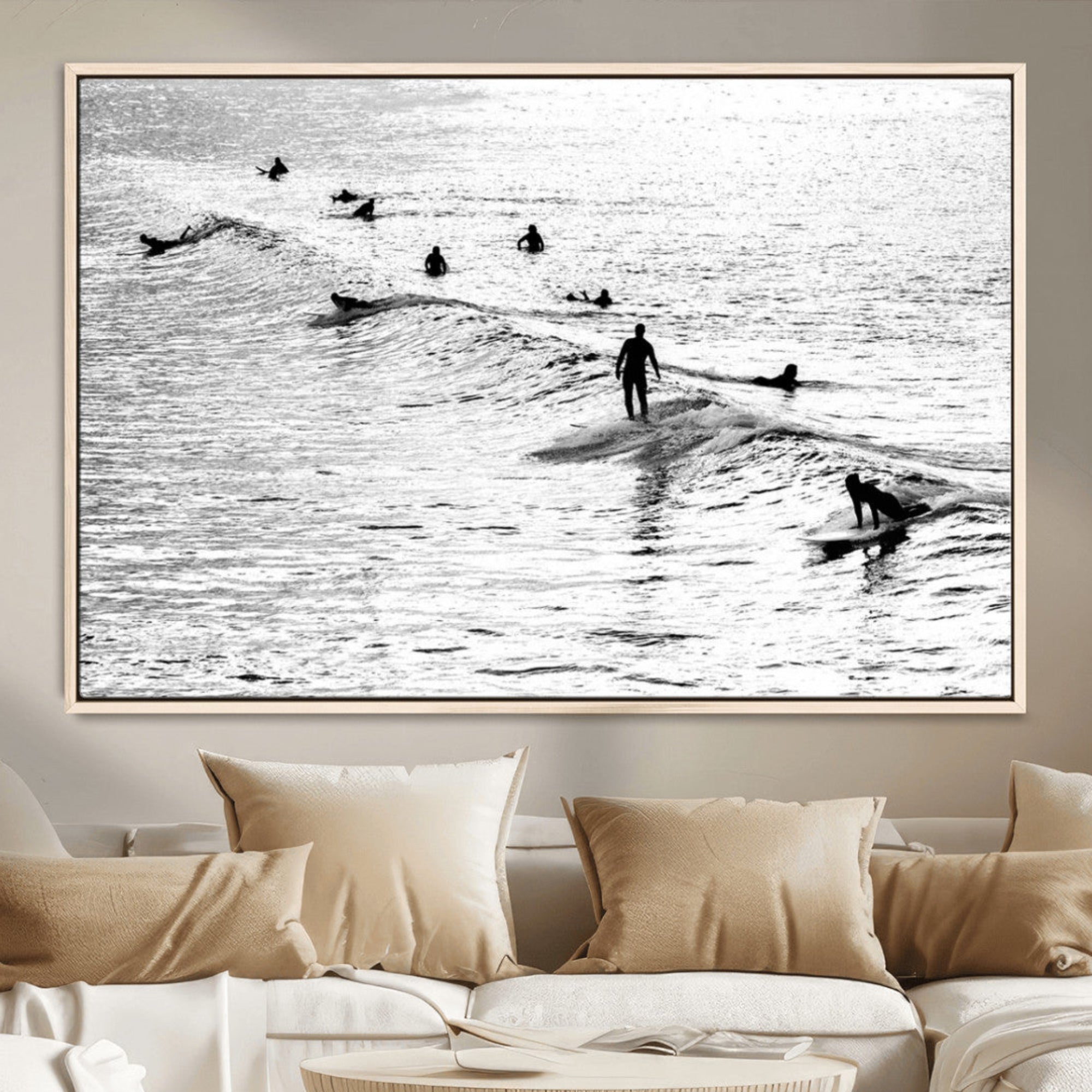 -Black White Surfers Wall Art Canvas Print – Riding Gentle Ocean Waves Minimalist Coastal Artwork for Home, Office