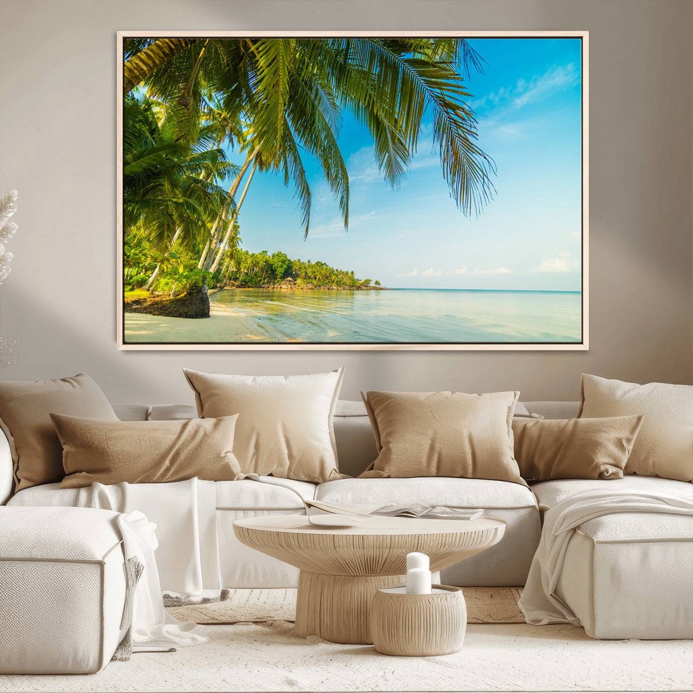 MGV-FC-36X24 - Peaceful Tropical Beach with Palm Trees and Calm Blue Sea – Serene Coastal Wall Art Canvas Print for