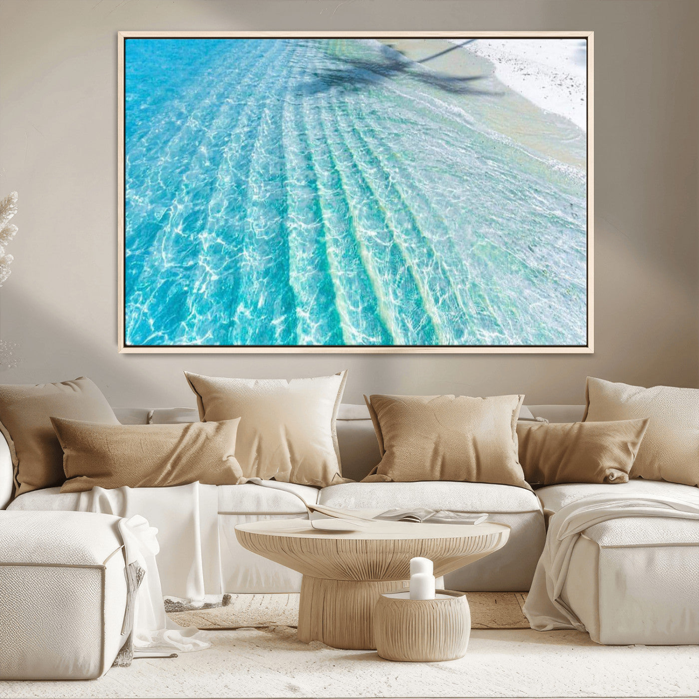 17528159-MGV-CV-36X24-Crystal Clear Shallow Ocean Water with Sunlight Reflections and Palm Tree Shadow on Sandy Beach – Beautiful Wall Art Canvas Print for Coastal Decor