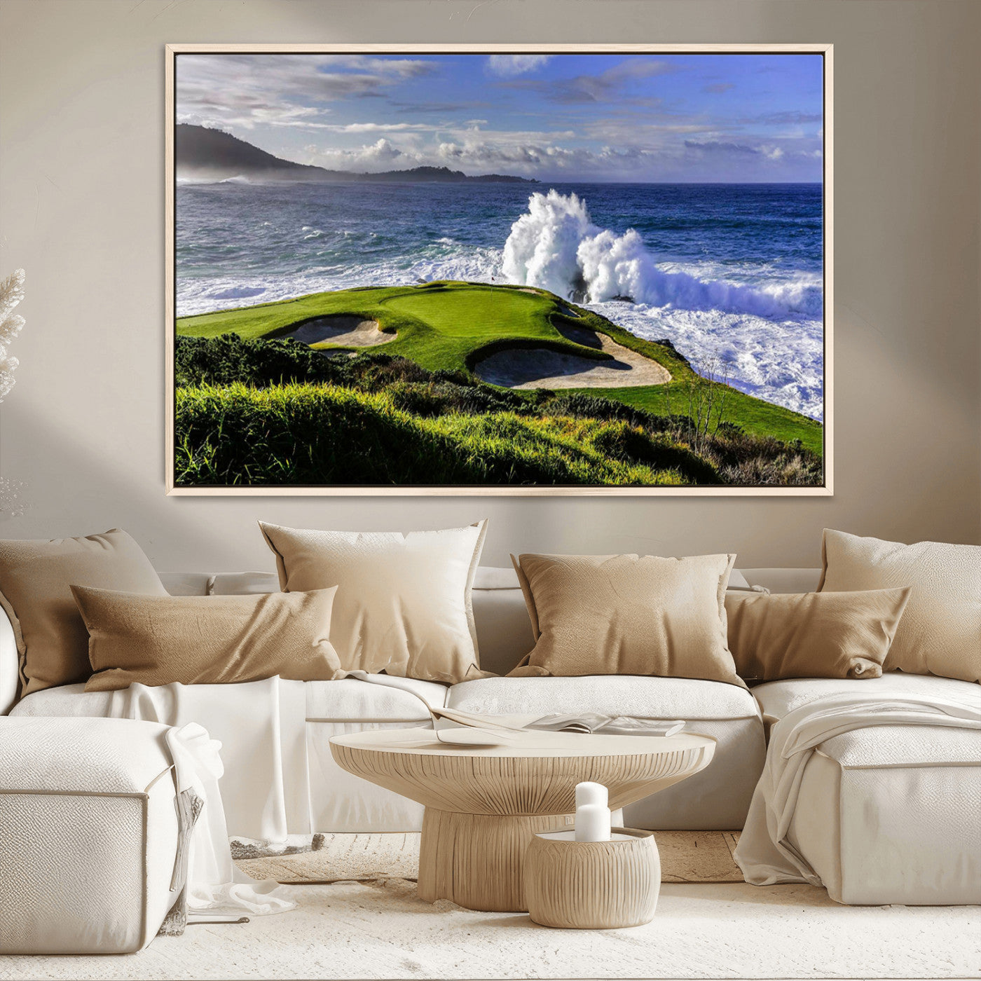 MGV-FC-36X24 - Dramatic Ocean Waves Crashing Against Rocky Coastline Near a Green Golf Course – Stunning Wall Art