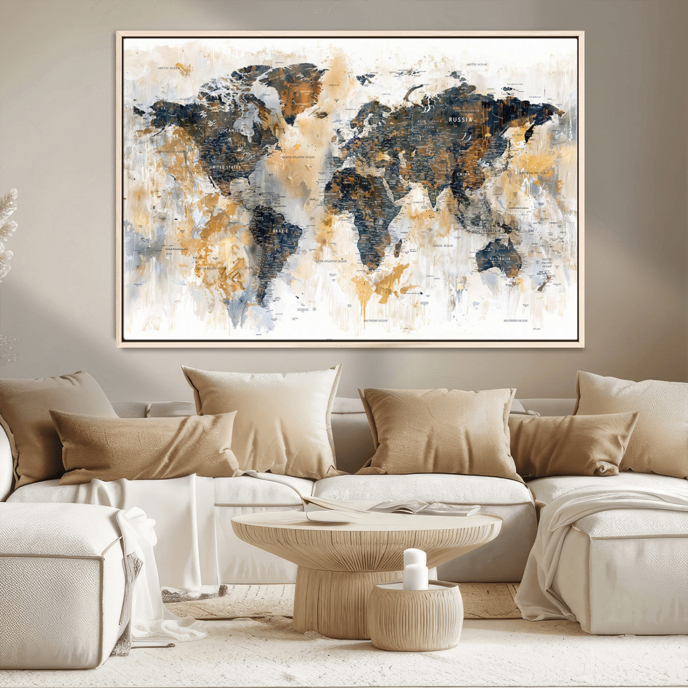Artistic world map with textured brush strokes in shades of gold, navy blue, and white, showing continents and countries with an abstract, painterly effect.
