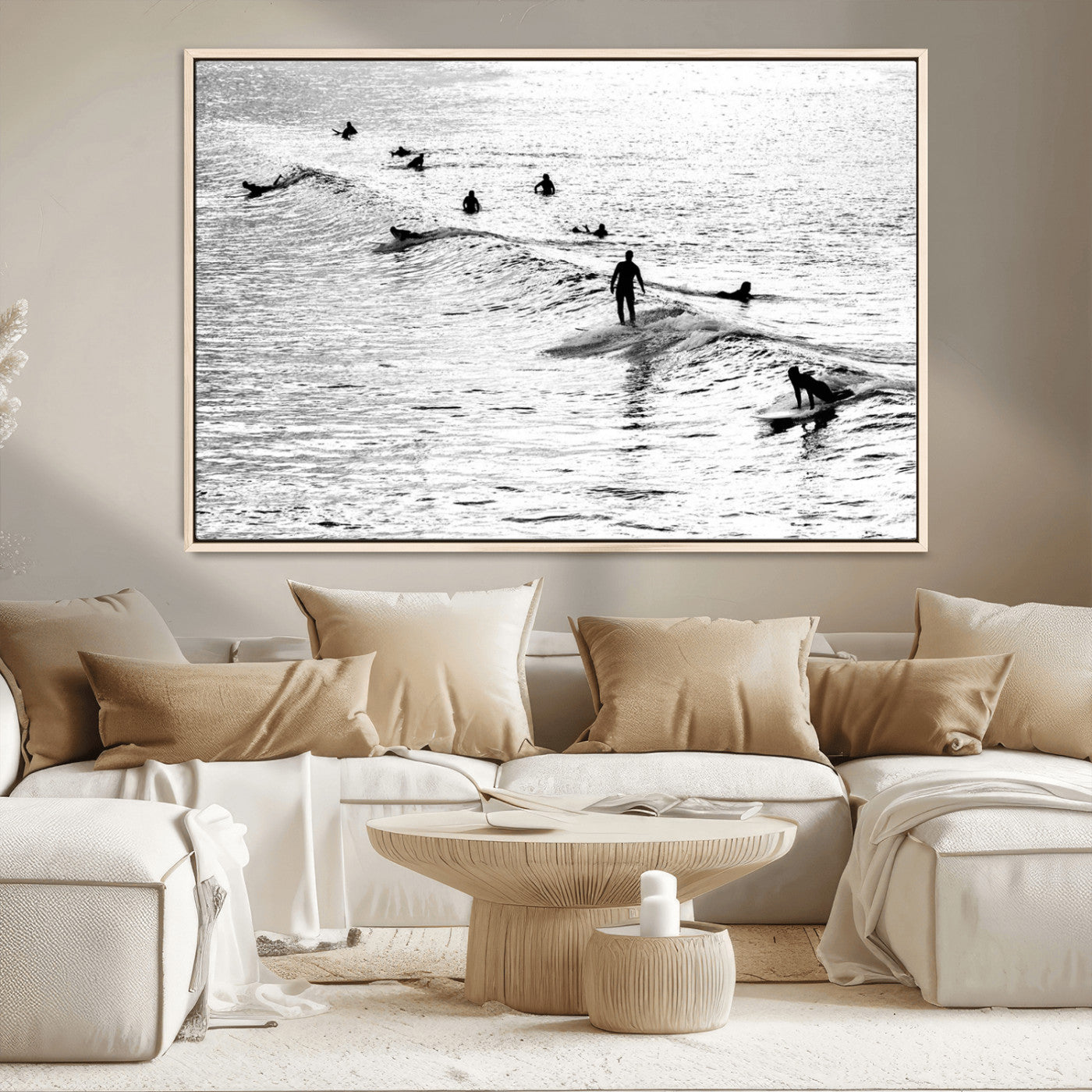19970637-MGV-CV-36X24-Black and white artistic view of surfers riding and paddling on waves in the ocean, capturing the dynamic motion and energy of surfing