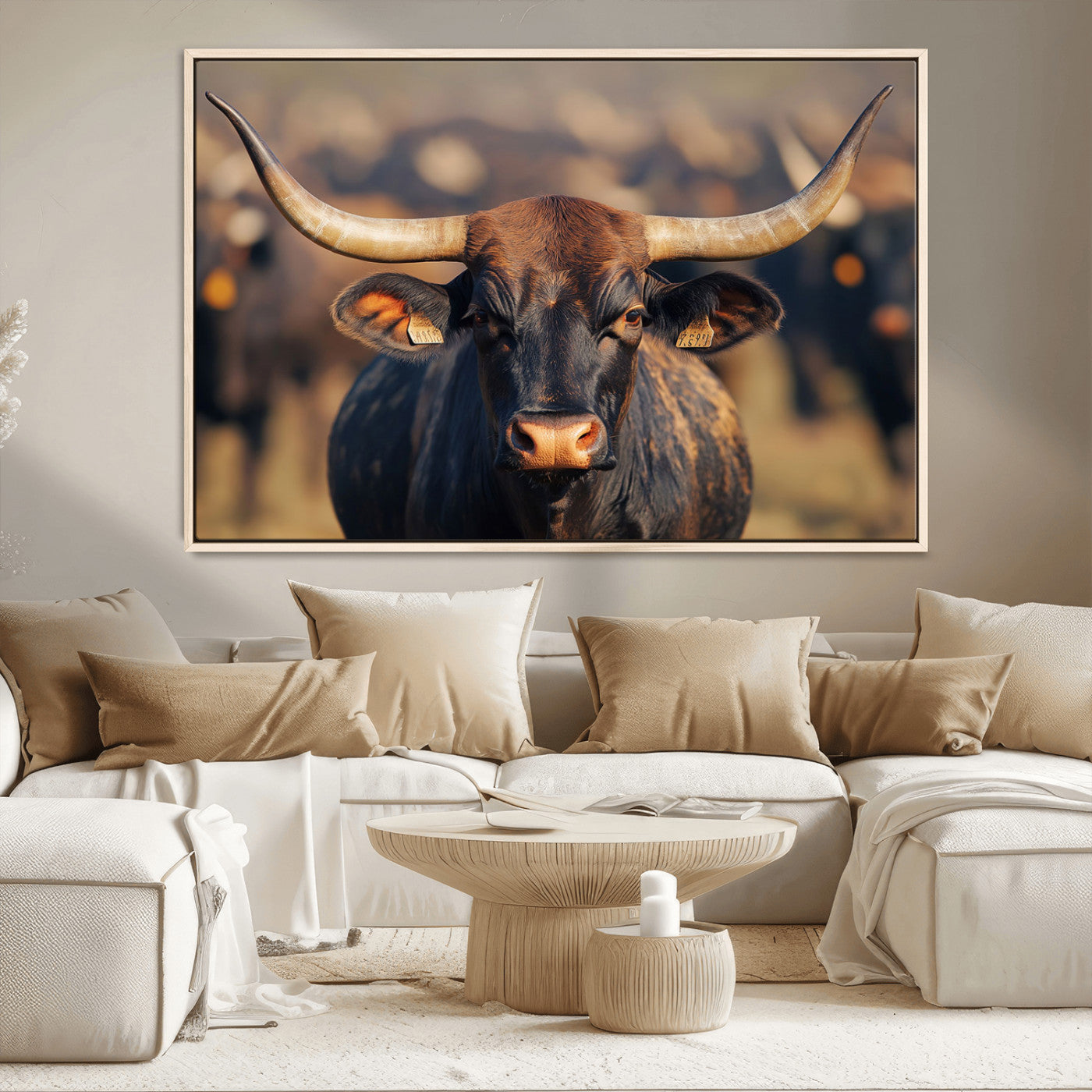 35515971-MGV-CV-36X24-Majestic bull head close-up, long curved horns, detailed fur texture, warm sunlight, focused gaze, Wall Art Canvas Print