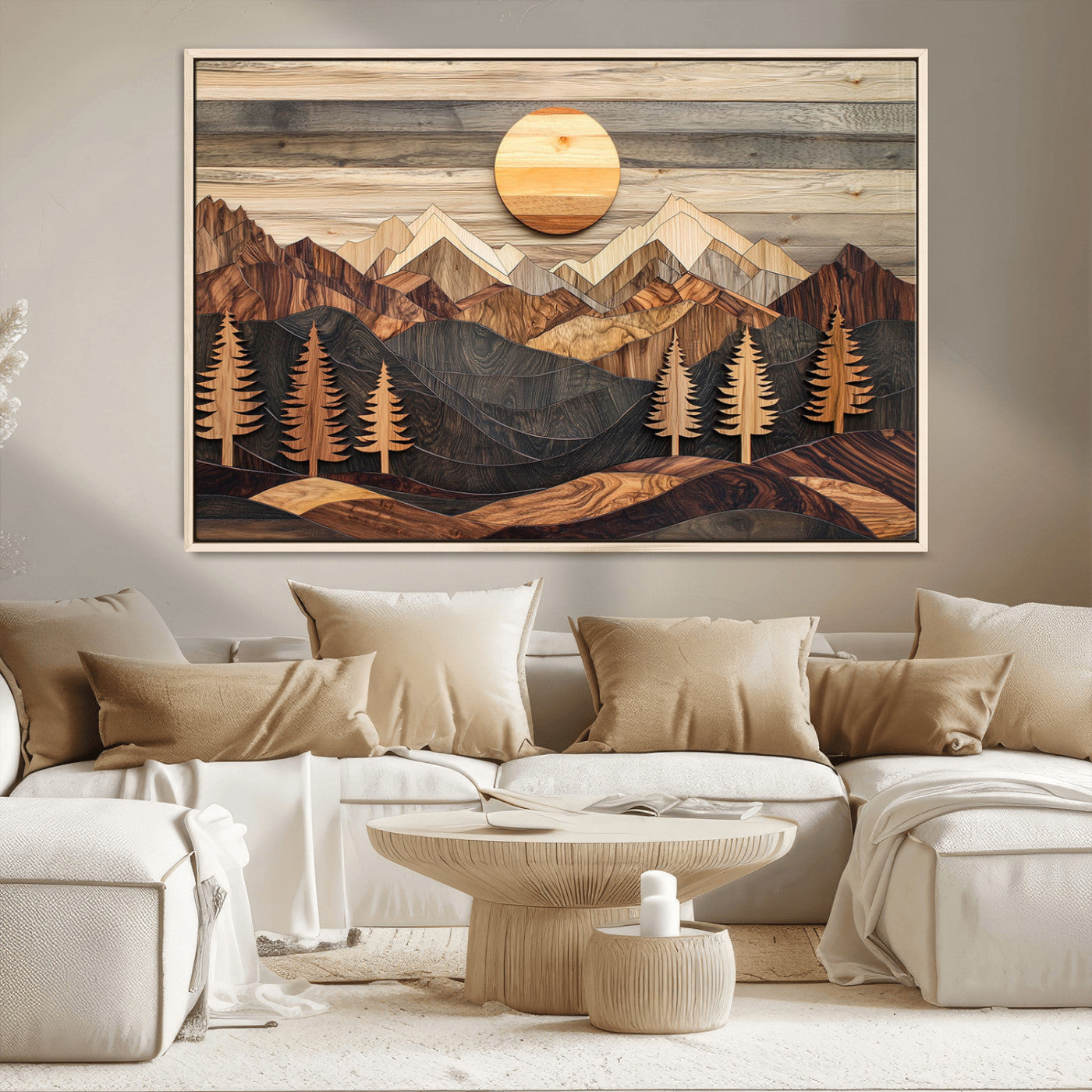 MGV-FC-36X24 - Wooden Mountain Layers Canvas Wall Art – Rustic Pine Tree Landscape with Sunlight Artistic Nature