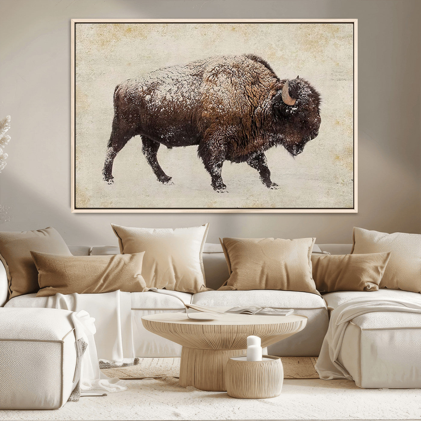 54810031-MGV-CV-36X24-Snow-dusted bison silhouette textured vintage style rugged wildlife art with neutral tones perfect for rustic home decor Wall Art Canvas Print design
