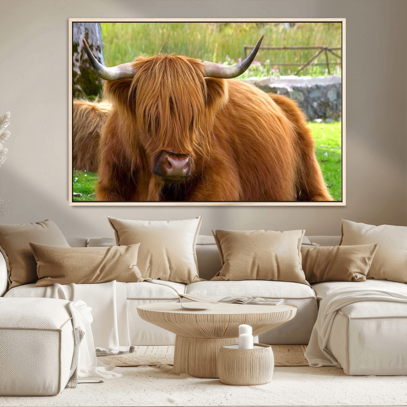 68411138-MGV-CV-36X24-Highland Cow Long Hair Rustic Farm Animal Horns Green Pasture Natural Beauty Outdoor Wall Art Canvas Print