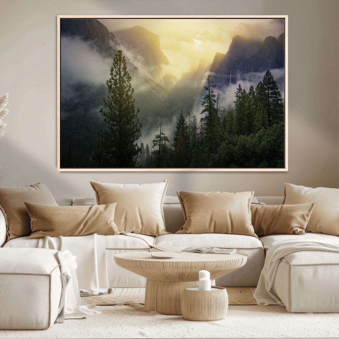 38316884-MGV-CV-36X24-Misty Forest Sunrise Mountain Valley Pine Trees Foggy Landscape Nature Scenic Outdoors Calm Tranquil Wall Art Canvas Print