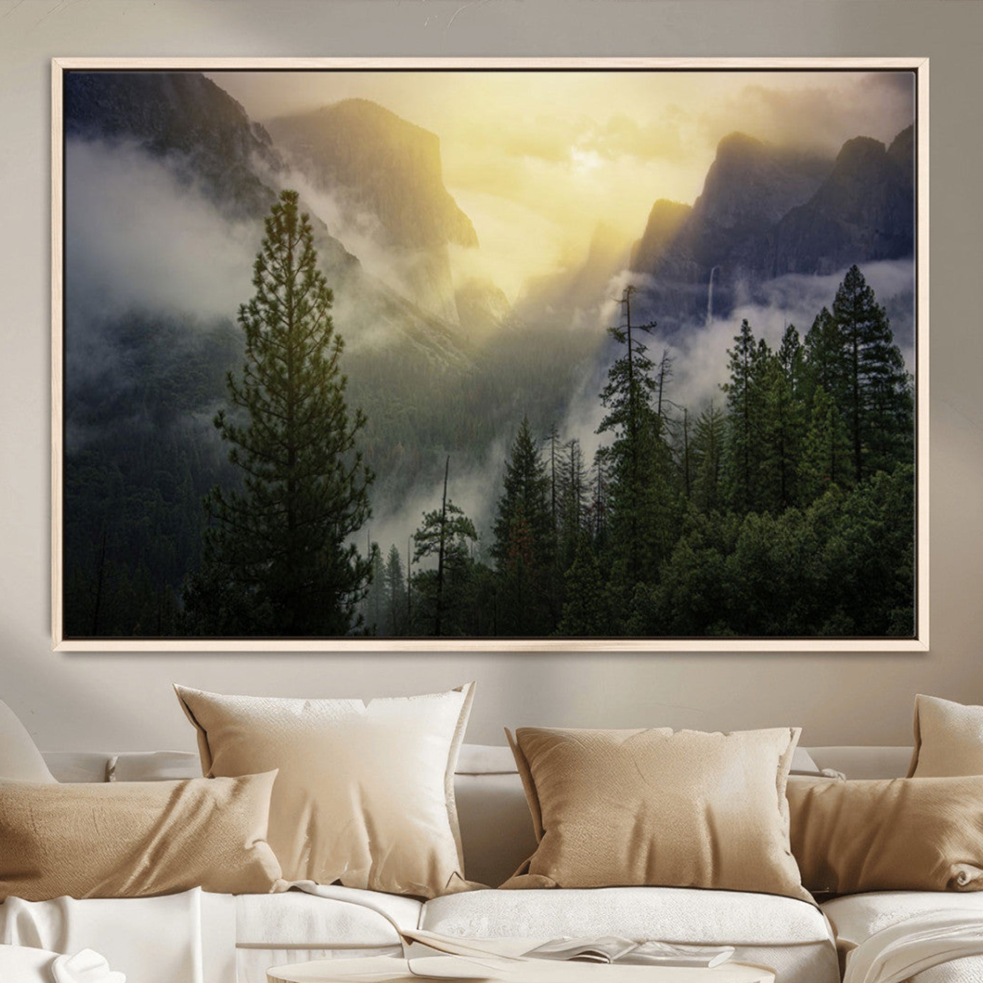 38316884-MGV-CV-36X24-Misty Forest Sunrise Mountain Valley Pine Trees Foggy Landscape Nature Scenic Outdoors Calm Tranquil Wall Art Canvas Print