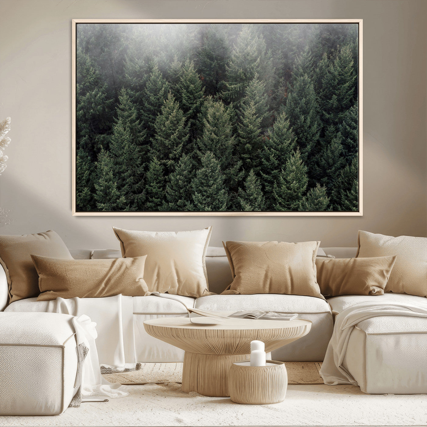 84059409-MGV-CV-36X24-Dense Evergreen Forest Misty Morning Fog Pine Trees Woodland Nature Landscape Calm Peaceful Scenic Wall Art Canvas Print