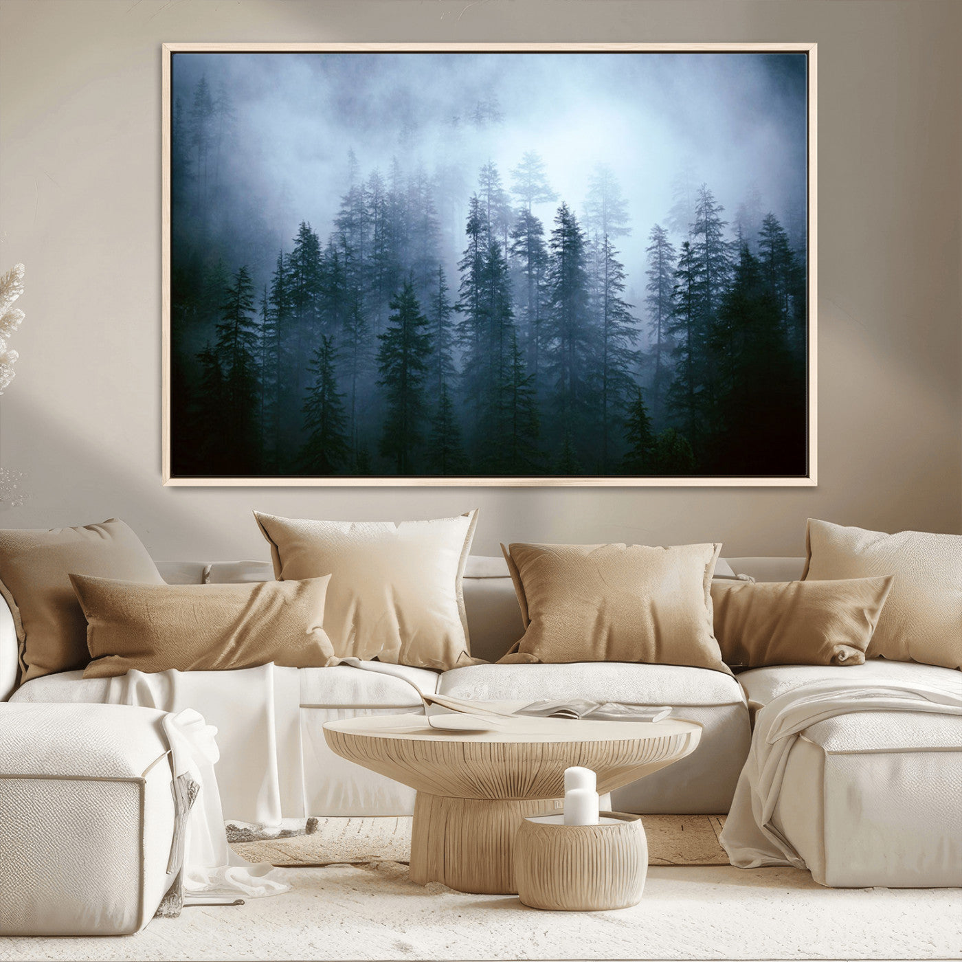 93439624-MGV-CV-36X24-Foggy Evergreen Pines Mist Forest Blue Haze Moody Atmospheric Wilderness Nature Trees Scenic Tranquil Peaceful Landscape Wall Art Canvas Print