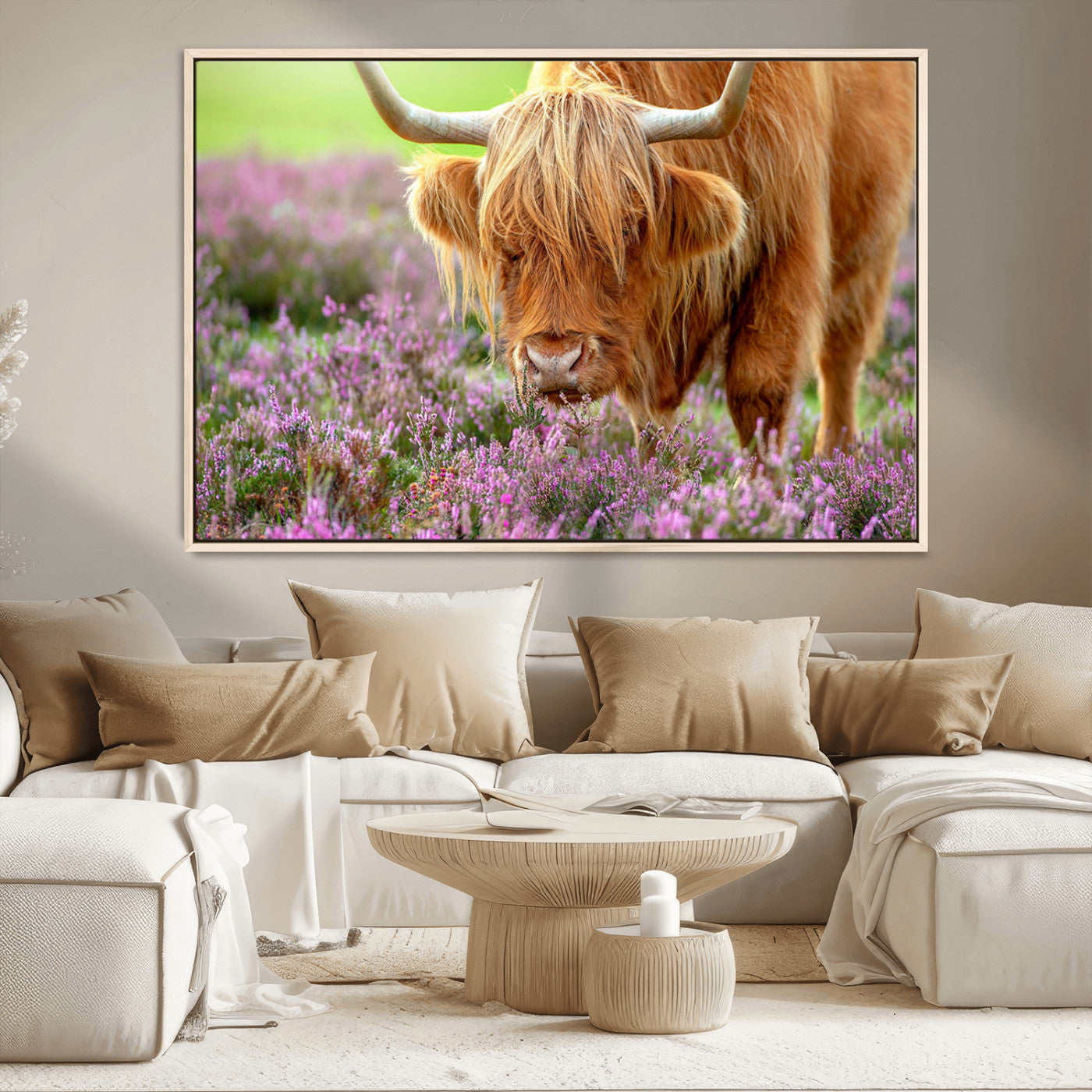 64069351-MGV-CV-36X24-Highland Cow Purple Flowers Nature Pasture Scenic Wildlife Animal Grazing Meadow Calm Rustic Charm Outdoors Peace Wall Art Canvas Print