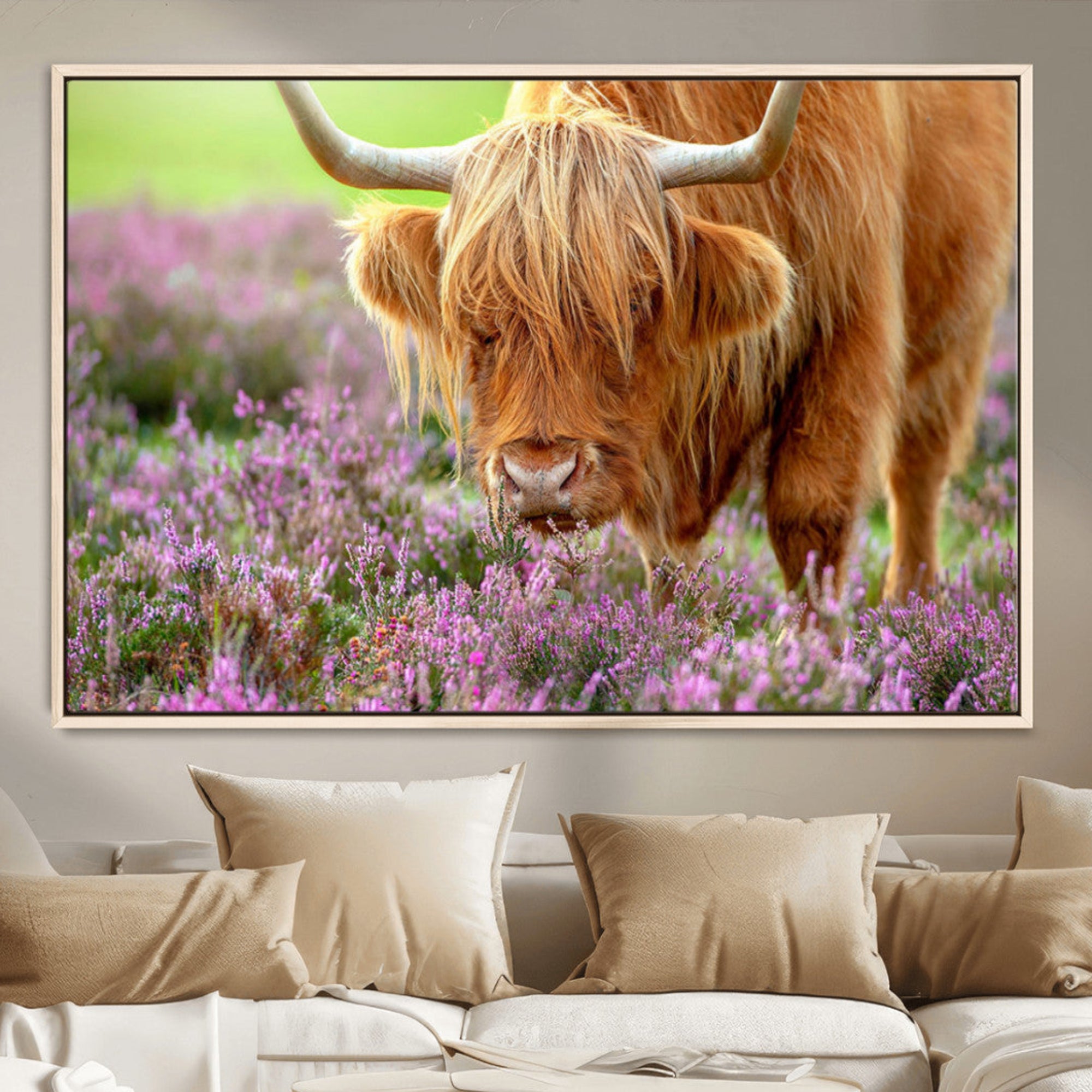 64069351-MGV-CV-36X24-Highland Cow Purple Flowers Nature Pasture Scenic Wildlife Animal Grazing Meadow Calm Rustic Charm Outdoors Peace Wall Art Canvas Print