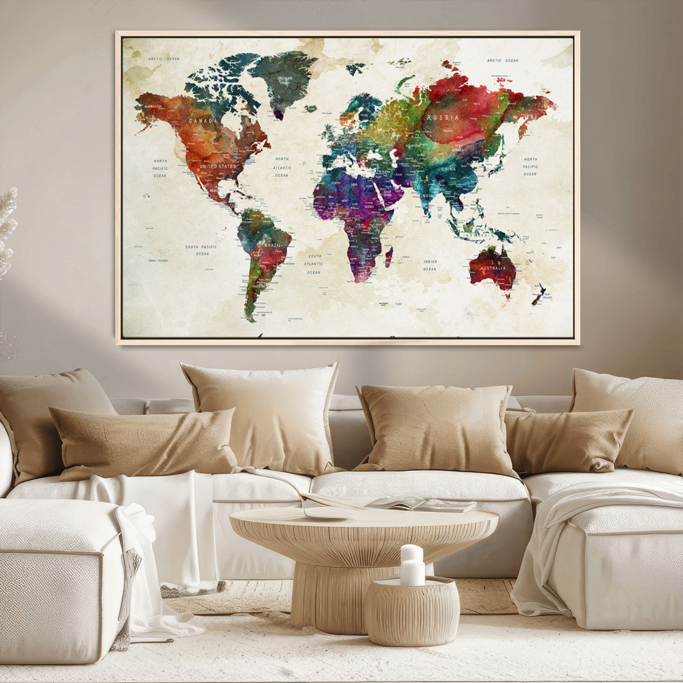 Colorful watercolor world map with countries labeled, featuring rich, vibrant hues across continents on a vintage beige background, Wall Art Canvas Print style.