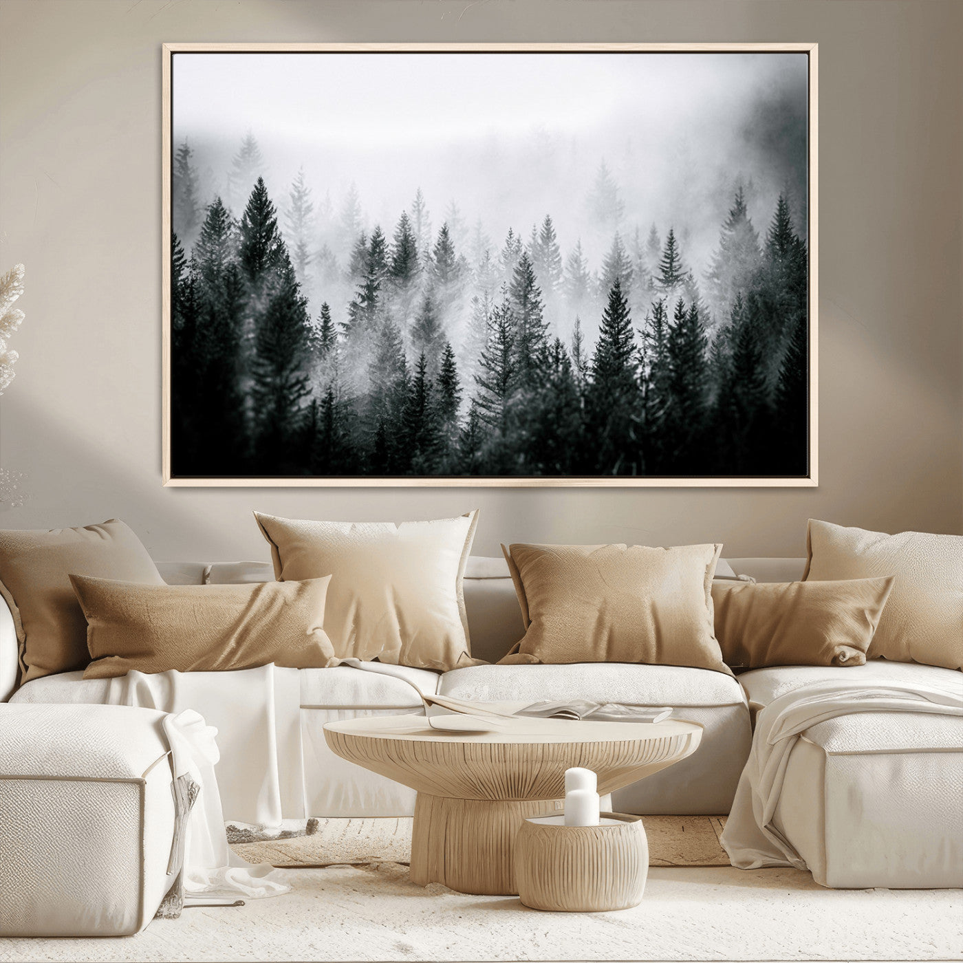 Horizontal black and white canvas wall art of foggy pine forest landscape for modern and rustic home decor