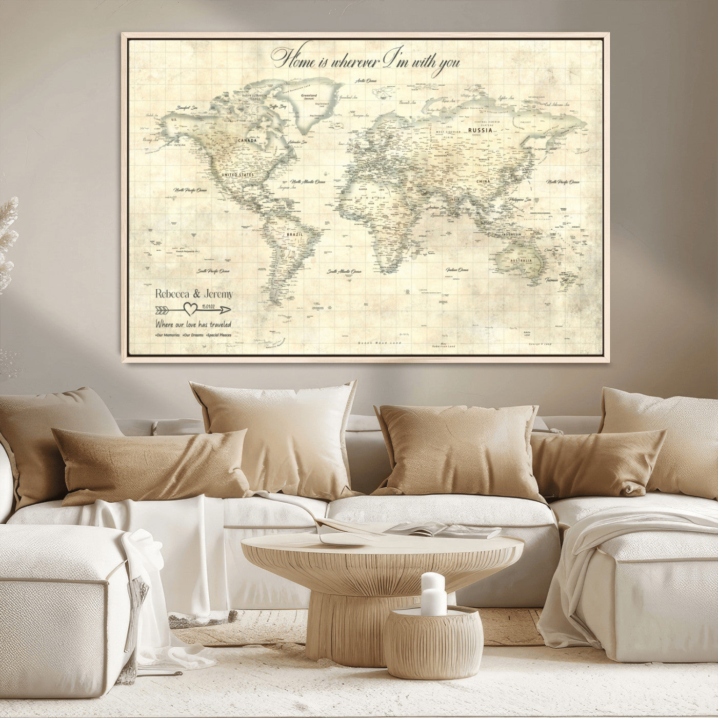 MGV-FC-36X24 - Personalized World Map Wall Art Canvas Print – Custom Push Pin Travel Map for Couples, Families, or Office Décor