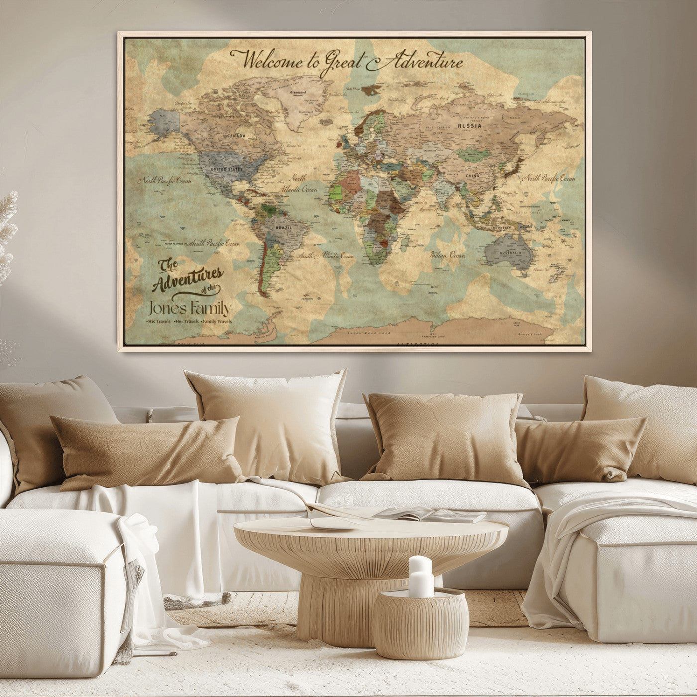 MGV-FC-36X24 - Personalized World Map Wall Art Canvas Print – Custom Push Pin Travel Map for Couples, Families, or Office Décor
