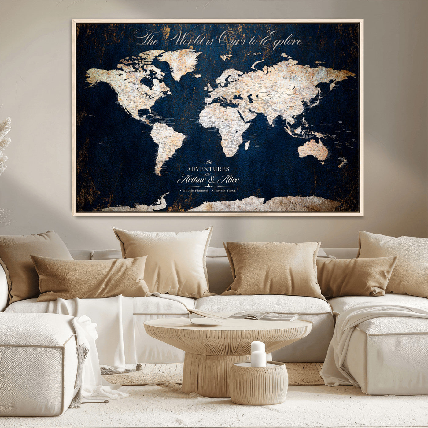 MGV-FC-36X24 - Personalized World Map Wall Art Canvas Print – Custom Push Pin Travel Map for Couples, Families, or Office Décor
