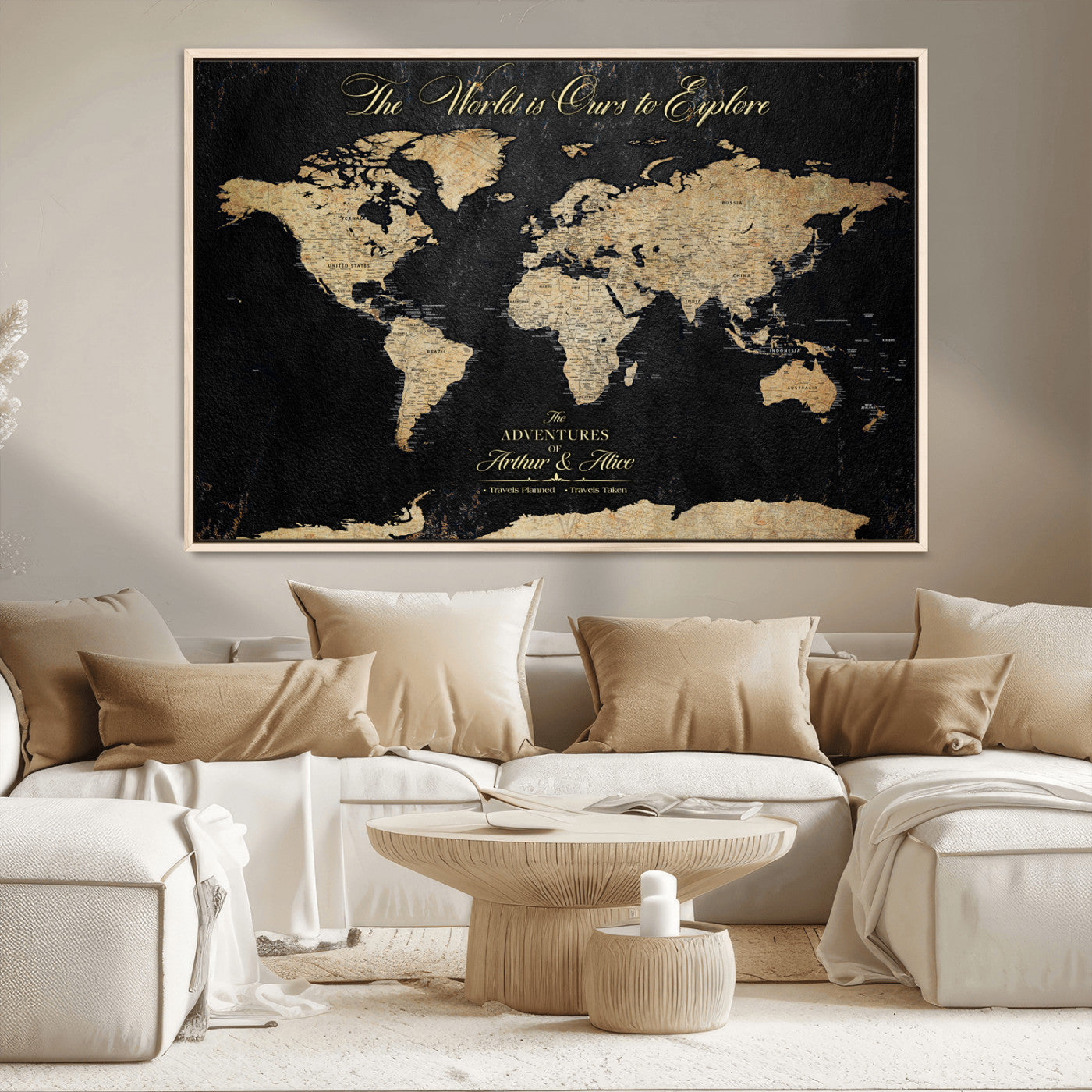 MGV-FC-36X24 - Personalized World Map Wall Art Canvas Print – Custom Push Pin Travel Map for Couples, Families, or Office Décor